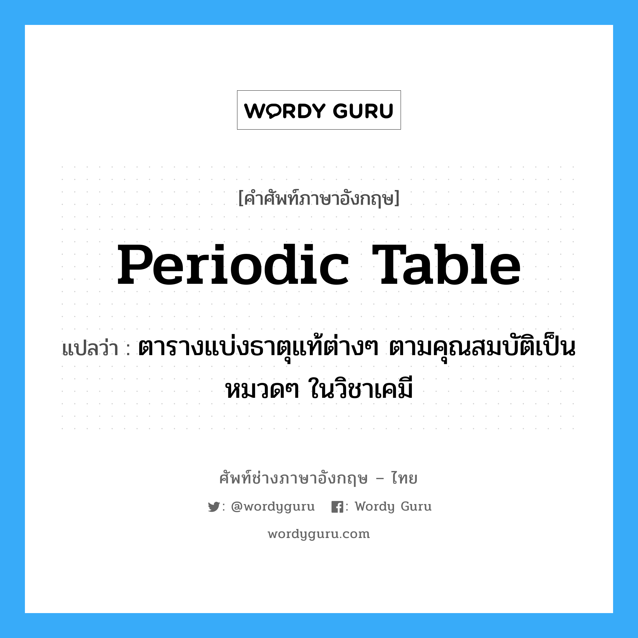periodic table แปลว่า?, คำศัพท์ช่างภาษาอังกฤษ - ไทย periodic table คำศัพท์ภาษาอังกฤษ periodic table แปลว่า ตารางแบ่งธาตุแท้ต่างๆ ตามคุณสมบัติเป็นหมวดๆ ในวิชาเคมี