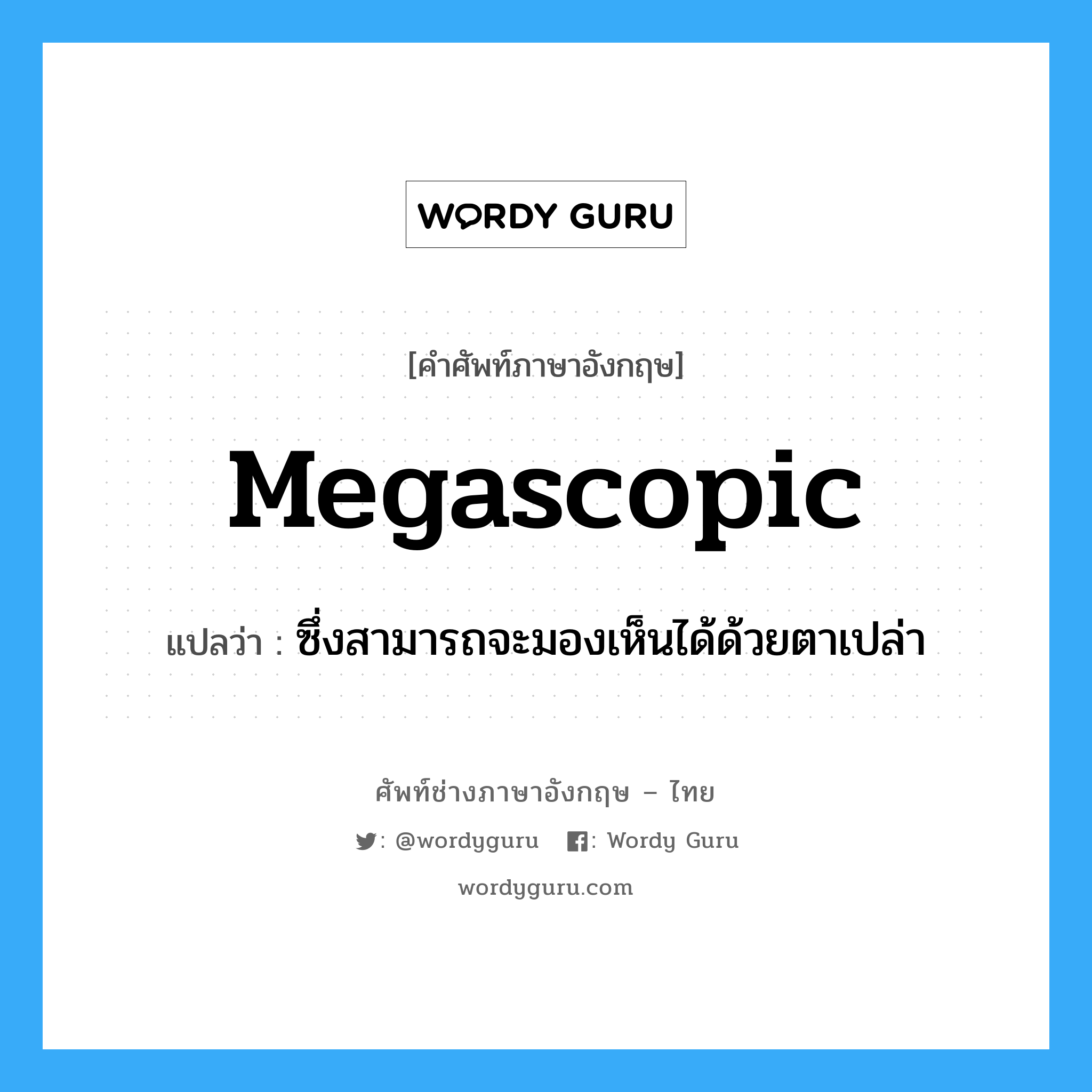 megascopic แปลว่า?, คำศัพท์ช่างภาษาอังกฤษ - ไทย megascopic คำศัพท์ภาษาอังกฤษ megascopic แปลว่า ซึ่งสามารถจะมองเห็นได้ด้วยตาเปล่า