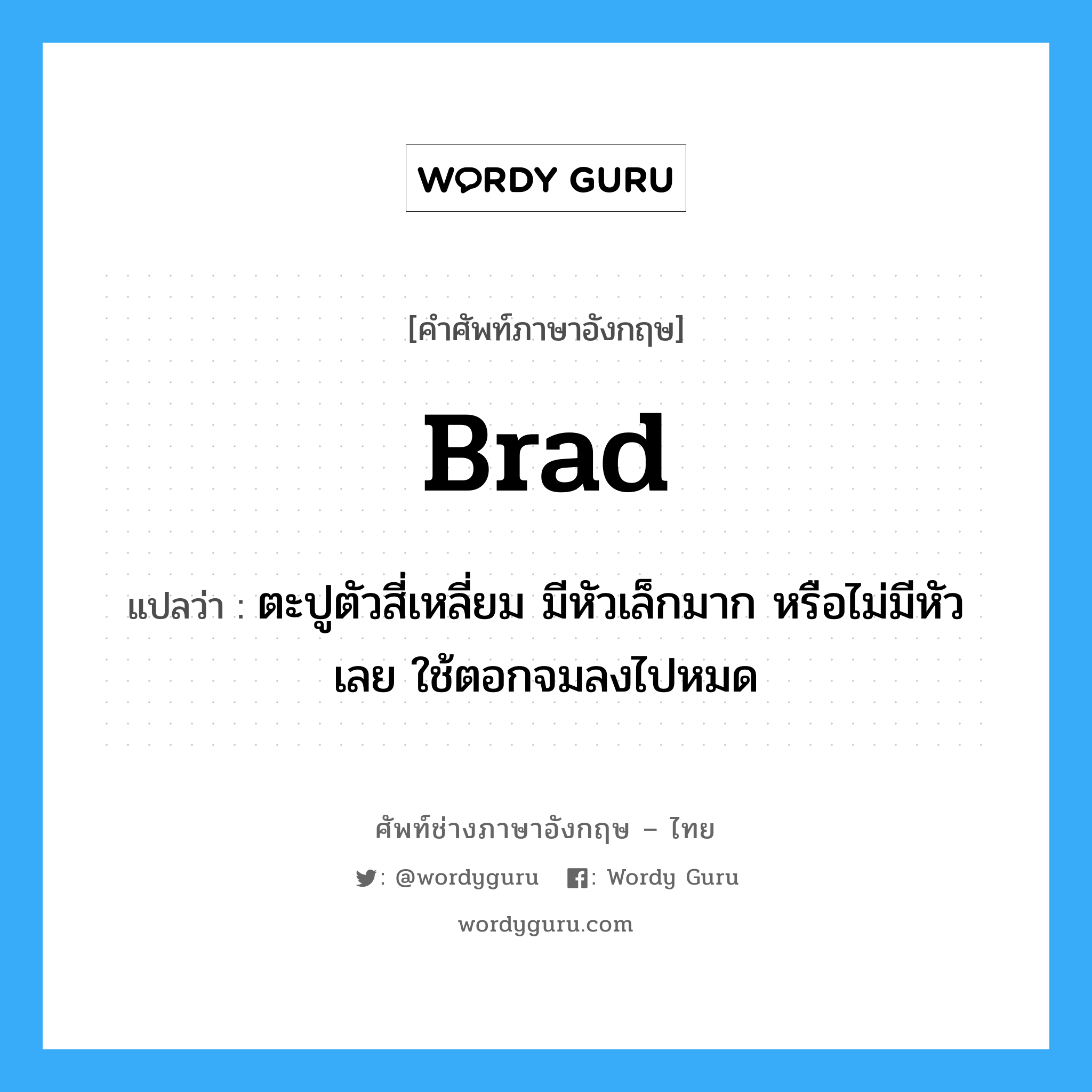 brad แปลว่า?, คำศัพท์ช่างภาษาอังกฤษ - ไทย brad คำศัพท์ภาษาอังกฤษ brad แปลว่า ตะปูตัวสี่เหลี่ยม มีหัวเล็กมาก หรือไม่มีหัวเลย ใช้ตอกจมลงไปหมด