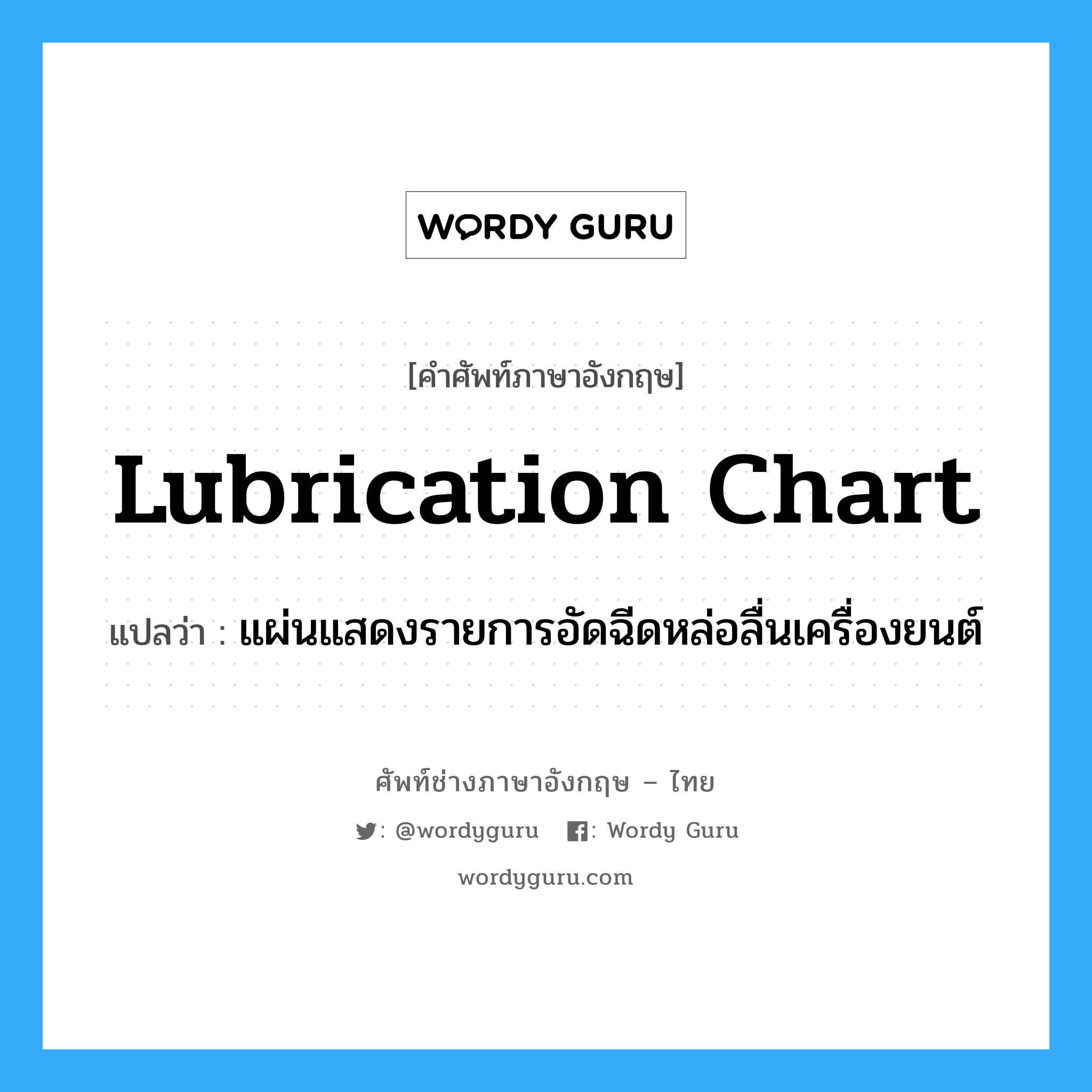lubrication chart แปลว่า?, คำศัพท์ช่างภาษาอังกฤษ - ไทย lubrication chart คำศัพท์ภาษาอังกฤษ lubrication chart แปลว่า แผ่นแสดงรายการอัดฉีดหล่อลื่นเครื่องยนต์