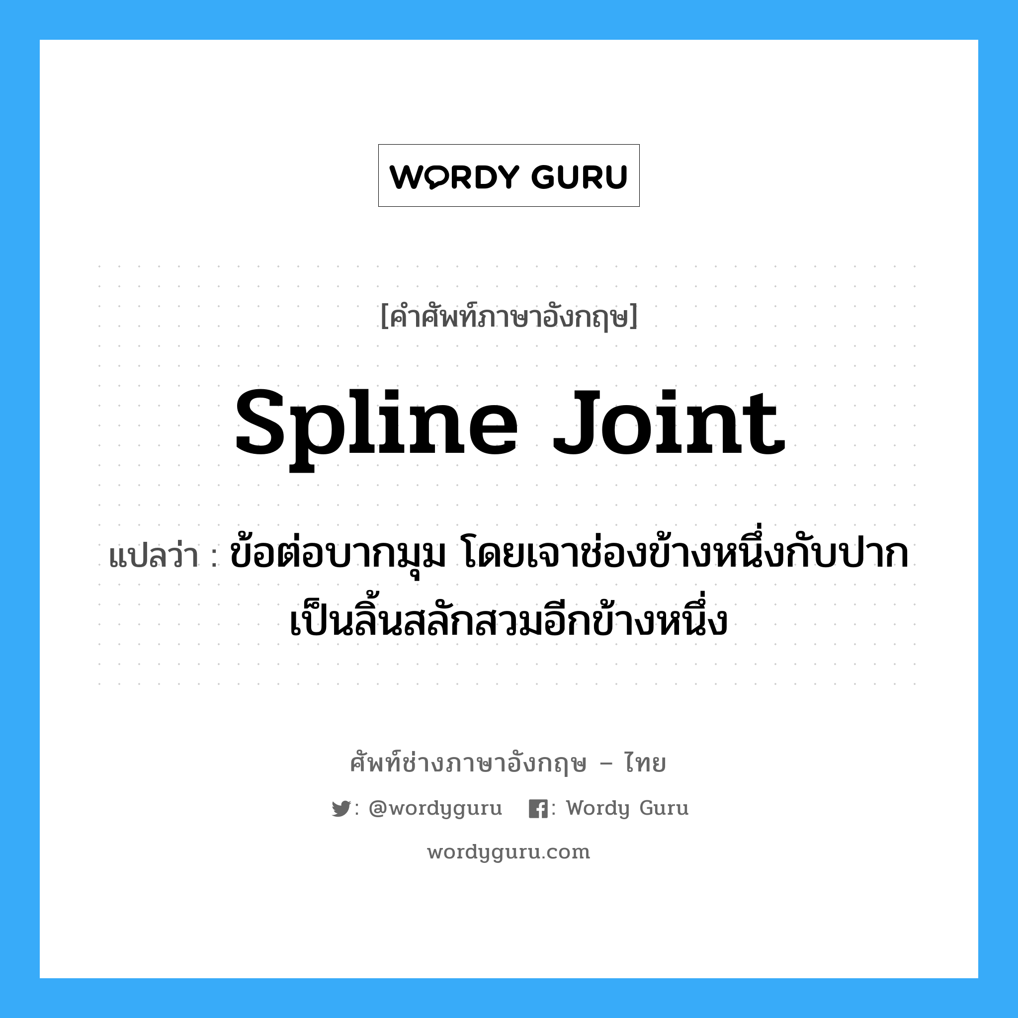 spline joint แปลว่า?, คำศัพท์ช่างภาษาอังกฤษ - ไทย spline joint คำศัพท์ภาษาอังกฤษ spline joint แปลว่า ข้อต่อบากมุม โดยเจาช่องข้างหนึ่งกับปากเป็นลิ้นสลักสวมอีกข้างหนึ่ง