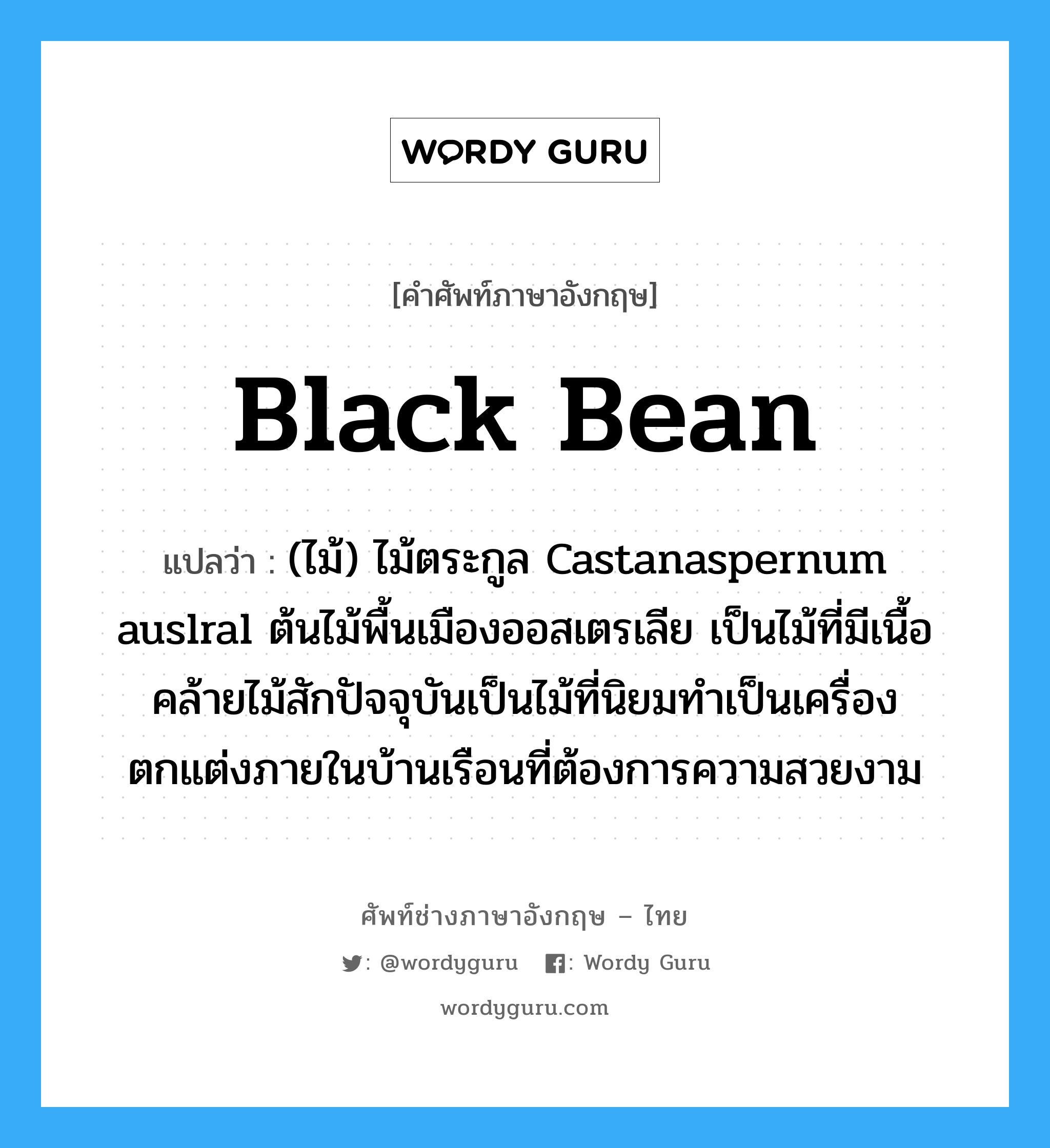 black bean แปลว่า?, คำศัพท์ช่างภาษาอังกฤษ - ไทย black bean คำศัพท์ภาษาอังกฤษ black bean แปลว่า (ไม้) ไม้ตระกูล Castanaspernum auslral ต้นไม้พื้นเมืองออสเตรเลีย เป็นไม้ที่มีเนื้อคล้ายไม้สักปัจจุบันเป็นไม้ที่นิยมทำเป็นเครื่องตกแต่งภายในบ้านเรือนที่ต้องการความสวยงาม
