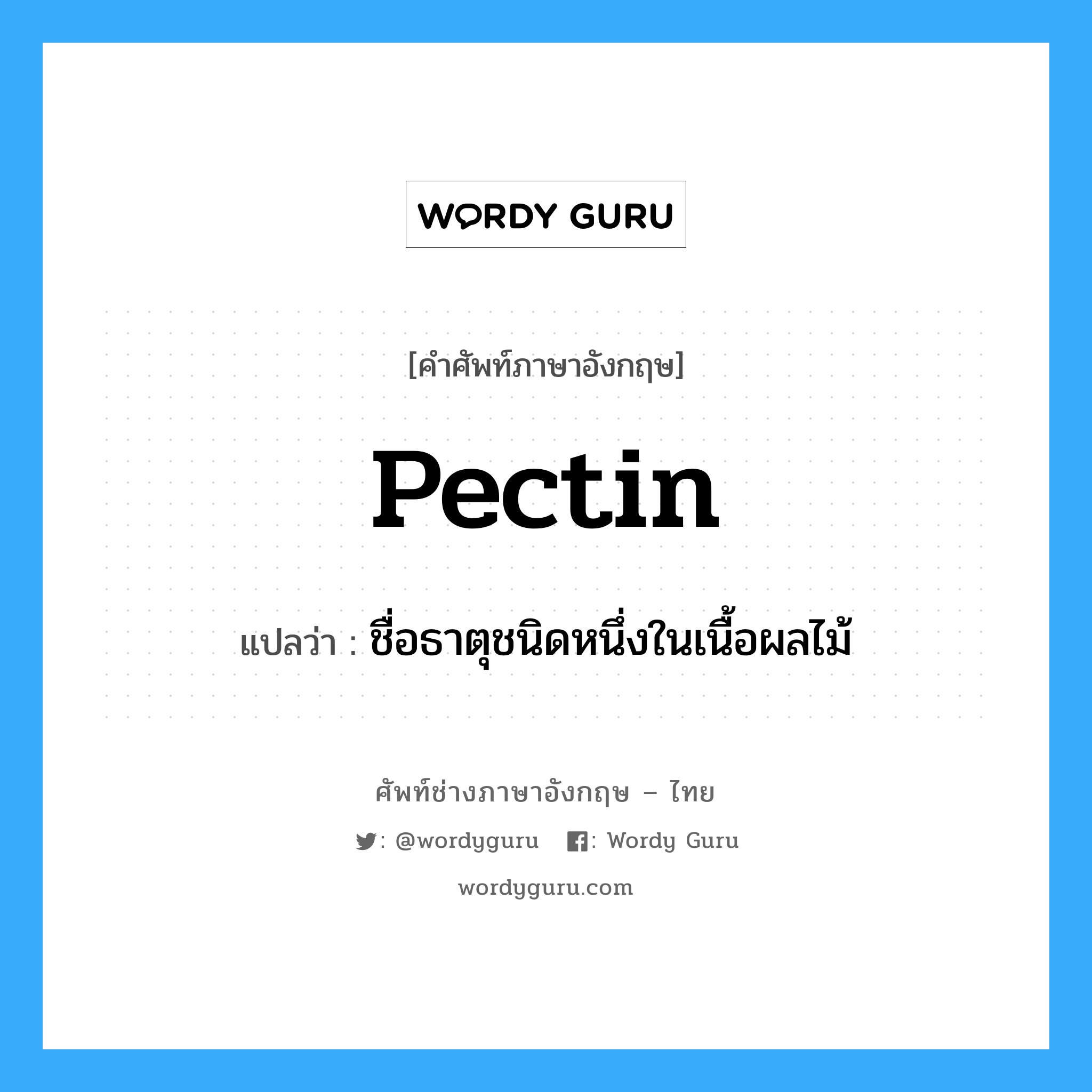 pectin แปลว่า?, คำศัพท์ช่างภาษาอังกฤษ - ไทย pectin คำศัพท์ภาษาอังกฤษ pectin แปลว่า ชื่อธาตุชนิดหนึ่งในเนื้อผลไม้