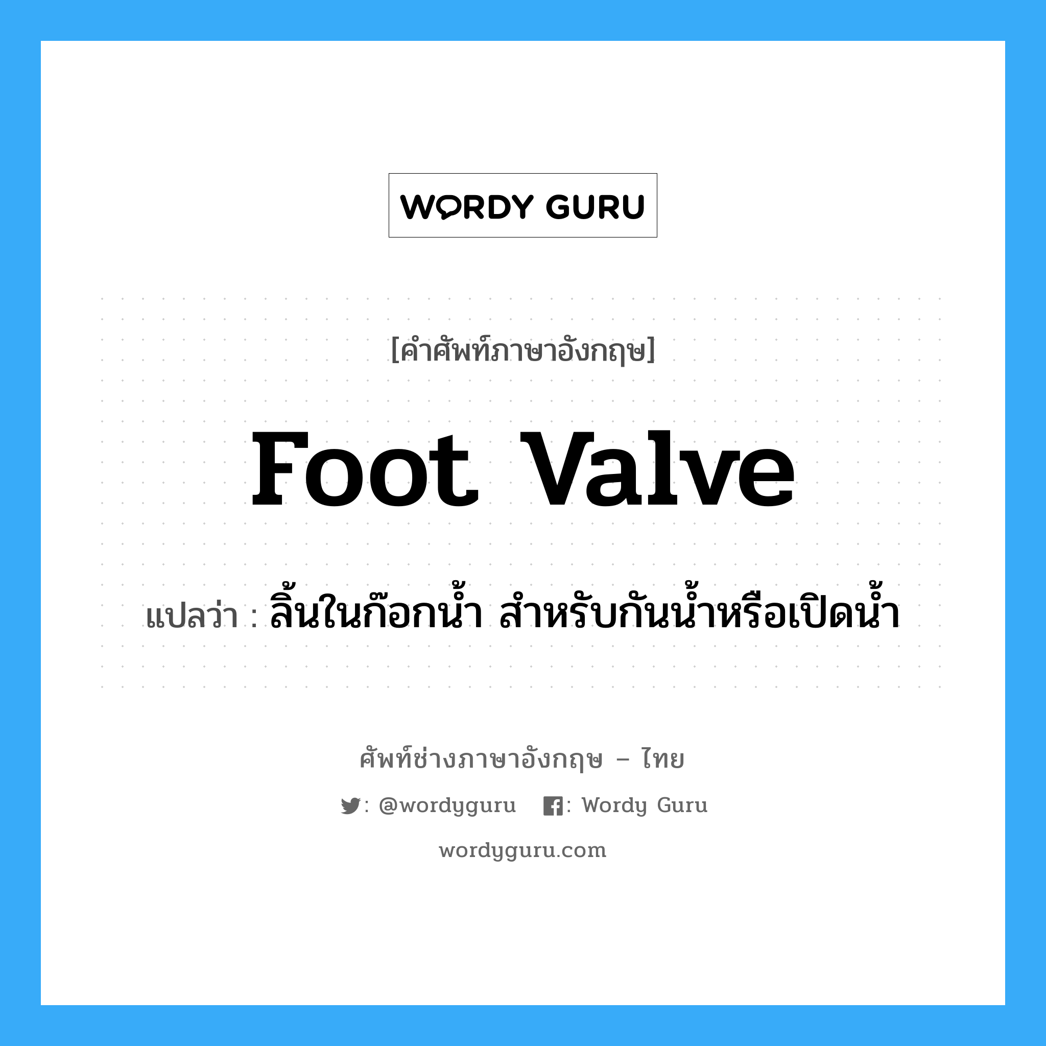 foot-valve แปลว่า?, คำศัพท์ช่างภาษาอังกฤษ - ไทย foot valve คำศัพท์ภาษาอังกฤษ foot valve แปลว่า ลิ้นในก๊อกน้ำ สำหรับกันน้ำหรือเปิดน้ำ