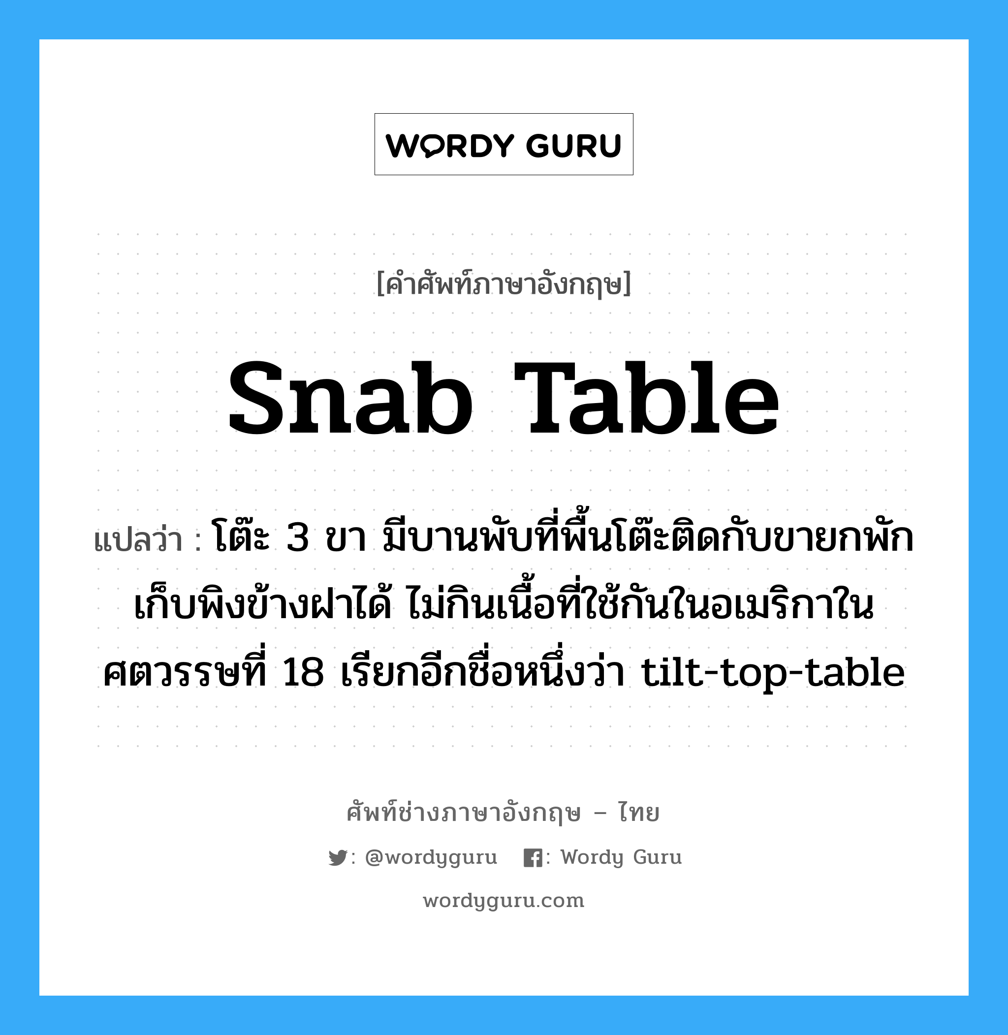 snab table แปลว่า?, คำศัพท์ช่างภาษาอังกฤษ - ไทย snab table คำศัพท์ภาษาอังกฤษ snab table แปลว่า โต๊ะ 3 ขา มีบานพับที่พื้นโต๊ะติดกับขายกพักเก็บพิงข้างฝาได้ ไม่กินเนื้อที่ใช้กันในอเมริกาในศตวรรษที่ 18 เรียกอีกชื่อหนึ่งว่า tilt-top-table