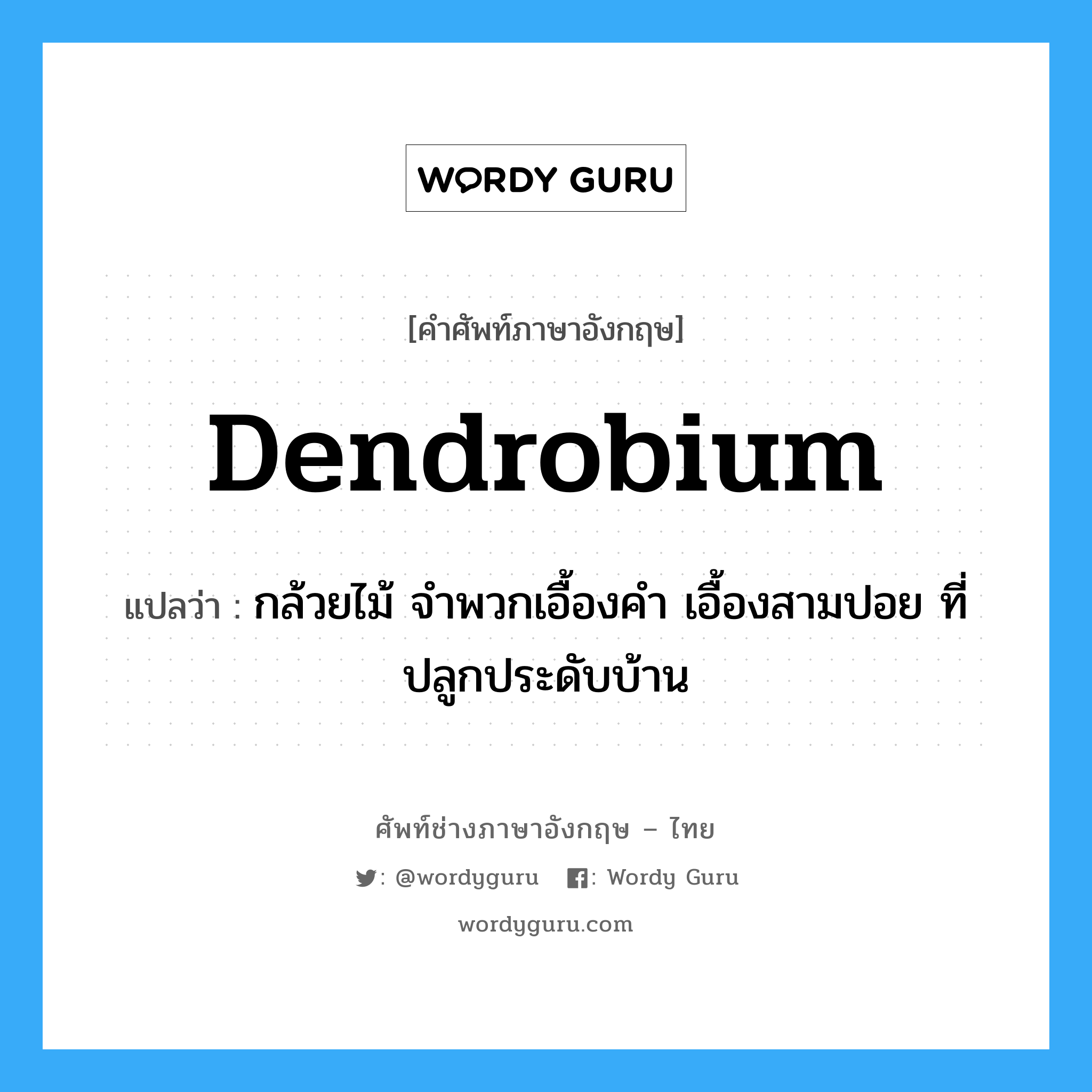 dendrobium แปลว่า?, คำศัพท์ช่างภาษาอังกฤษ - ไทย dendrobium คำศัพท์ภาษาอังกฤษ dendrobium แปลว่า กล้วยไม้ จำพวกเอื้องคำ เอื้องสามปอย ที่ปลูกประดับบ้าน