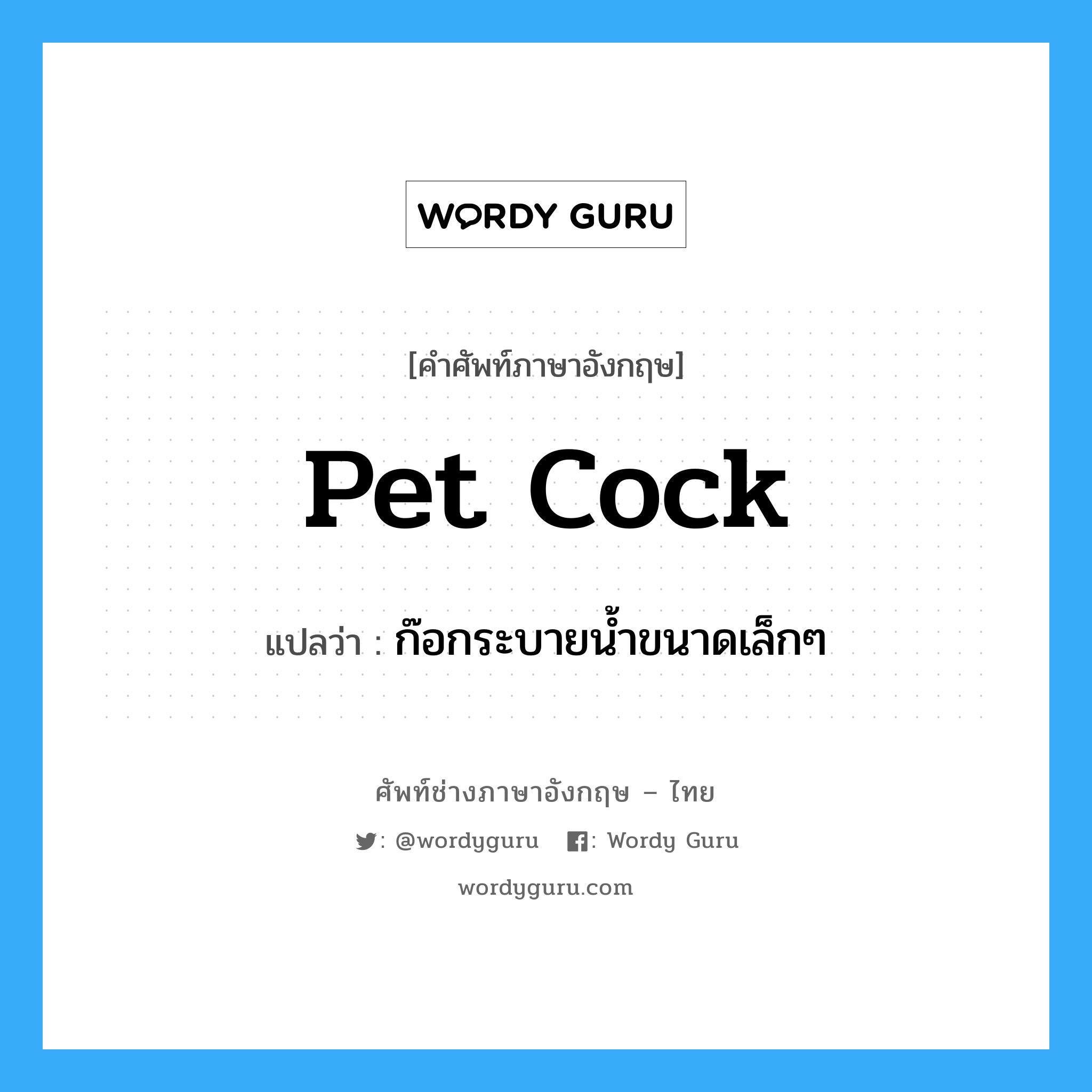 pet cock แปลว่า?, คำศัพท์ช่างภาษาอังกฤษ - ไทย pet cock คำศัพท์ภาษาอังกฤษ pet cock แปลว่า ก๊อกระบายน้ำขนาดเล็กๆ