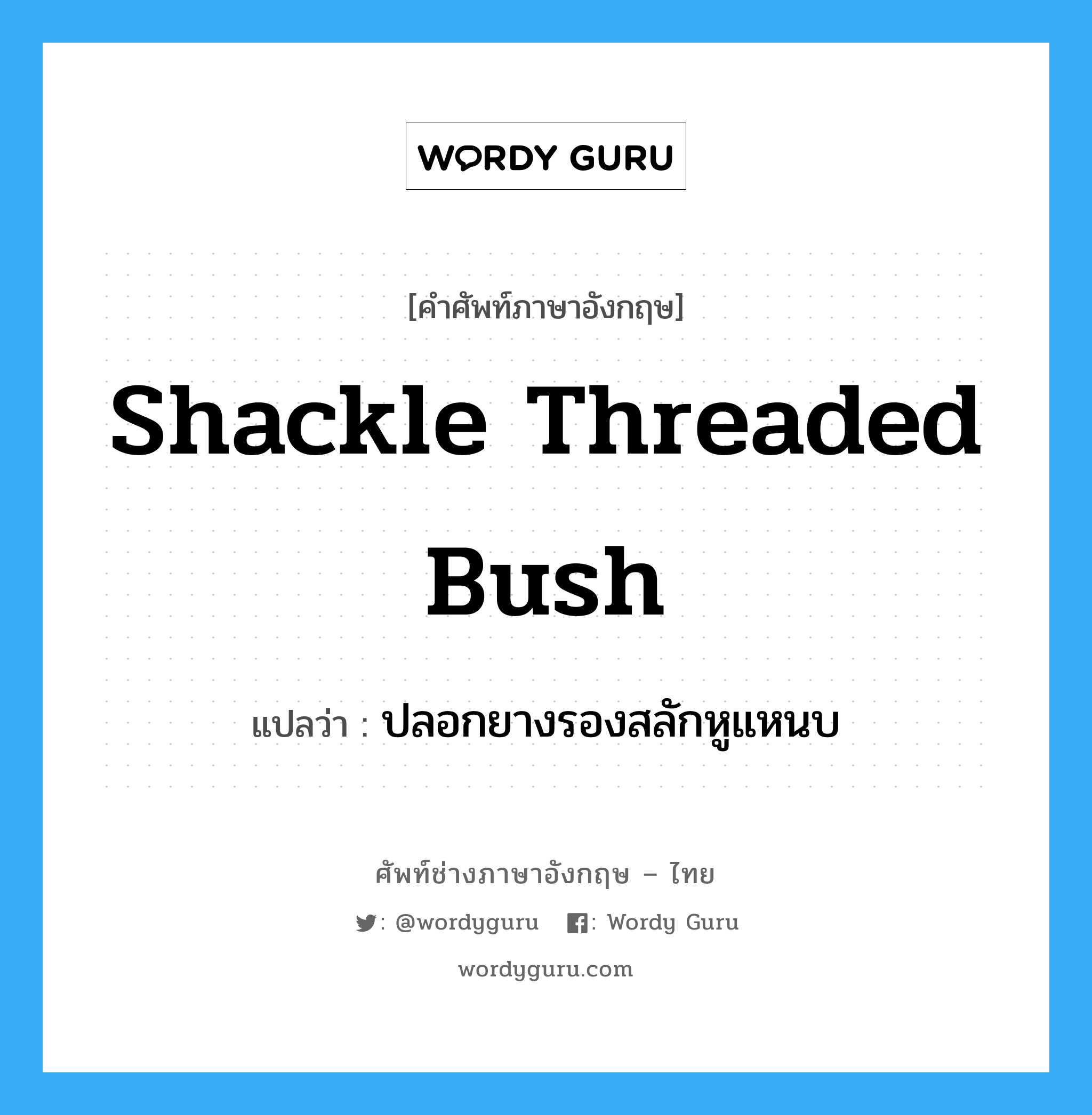 ปลอกยางรองสลักหูแหนบ ภาษาอังกฤษ?, คำศัพท์ช่างภาษาอังกฤษ - ไทย ปลอกยางรองสลักหูแหนบ คำศัพท์ภาษาอังกฤษ ปลอกยางรองสลักหูแหนบ แปลว่า shackle threaded bush