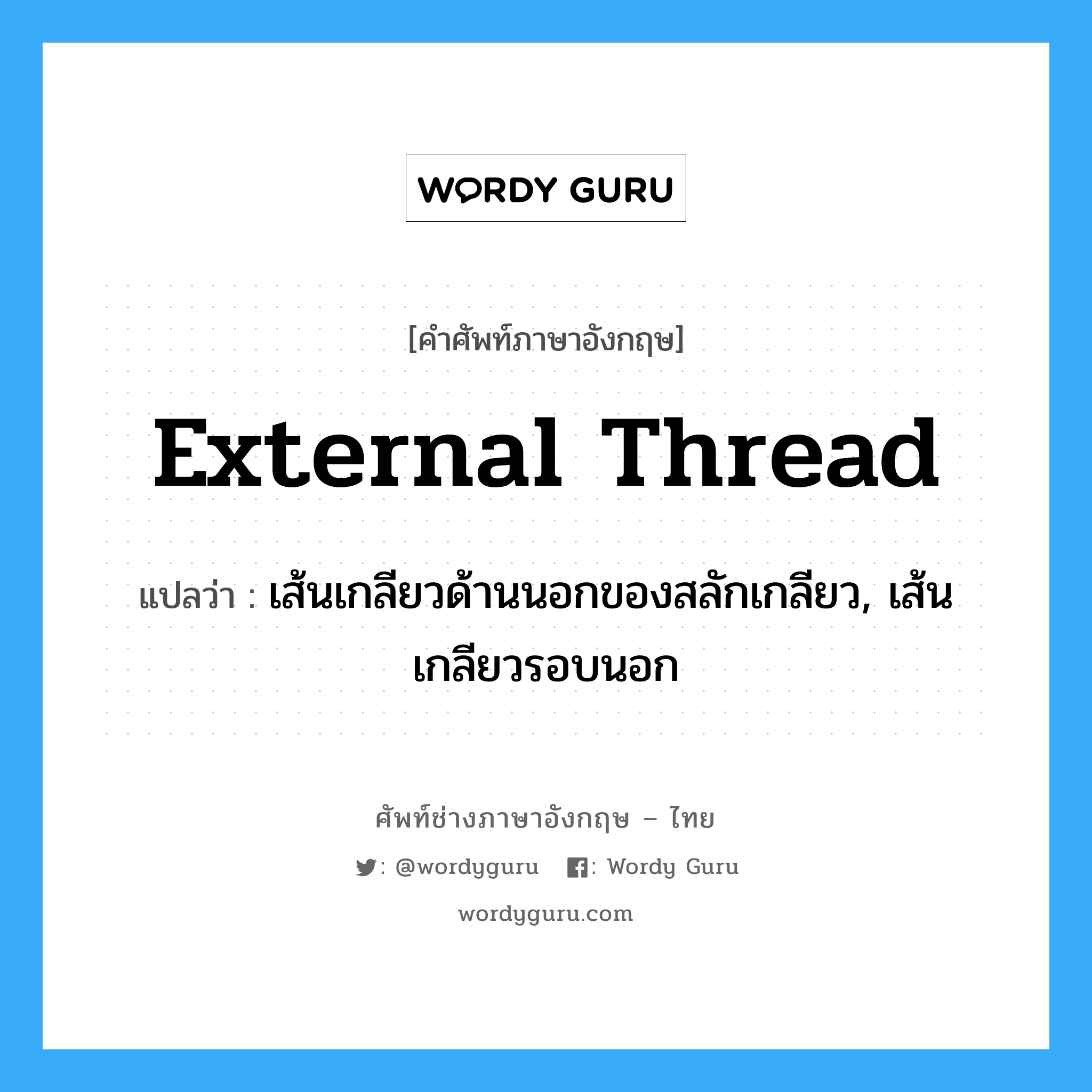 external thread แปลว่า?, คำศัพท์ช่างภาษาอังกฤษ - ไทย external thread คำศัพท์ภาษาอังกฤษ external thread แปลว่า เส้นเกลียวด้านนอกของสลักเกลียว, เส้นเกลียวรอบนอก