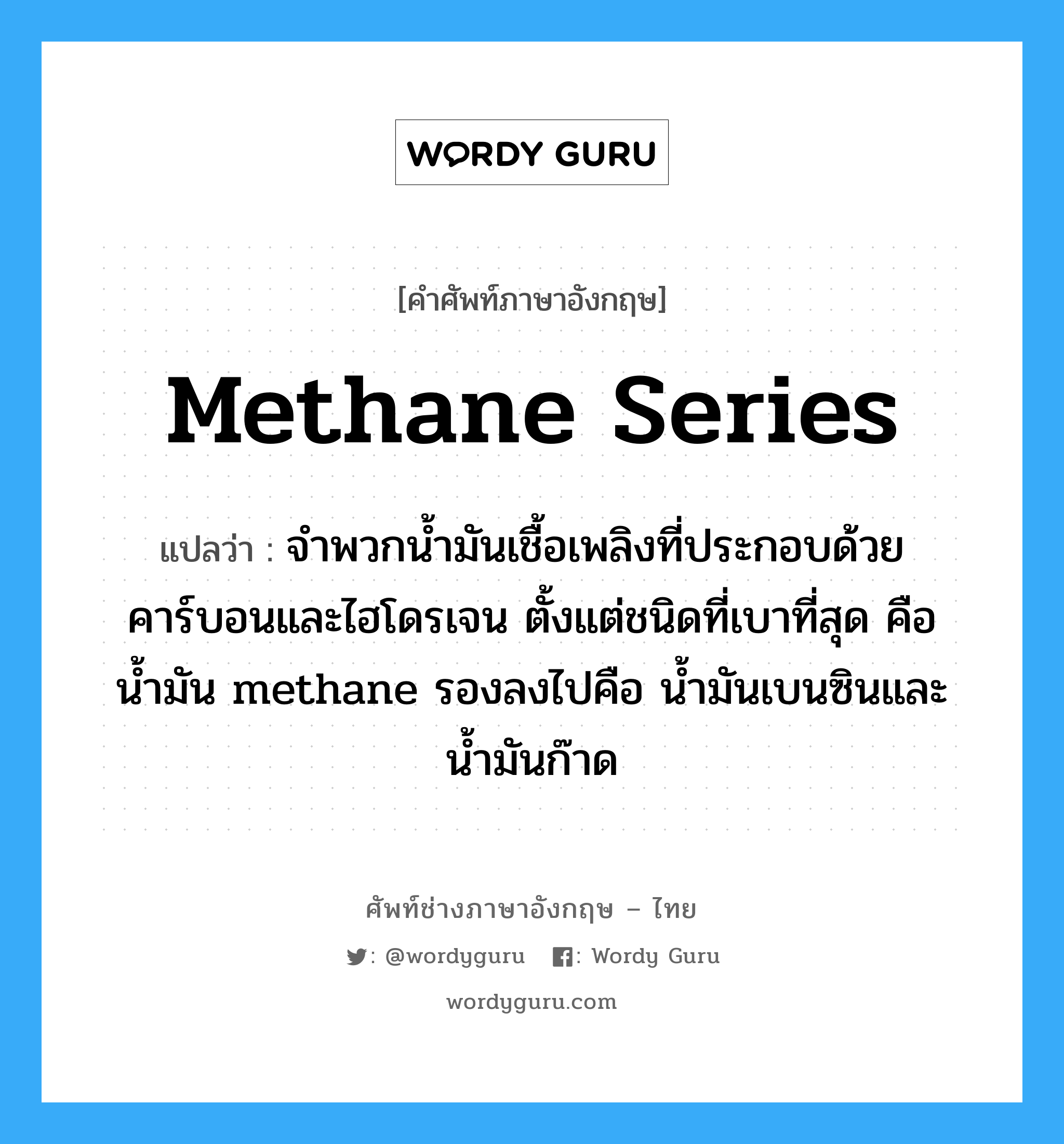 methane series แปลว่า?, คำศัพท์ช่างภาษาอังกฤษ - ไทย methane series คำศัพท์ภาษาอังกฤษ methane series แปลว่า จำพวกน้ำมันเชื้อเพลิงที่ประกอบด้วยคาร์บอนและไฮโดรเจน ตั้งแต่ชนิดที่เบาที่สุด คือน้ำมัน methane รองลงไปคือ น้ำมันเบนซินและน้ำมันก๊าด