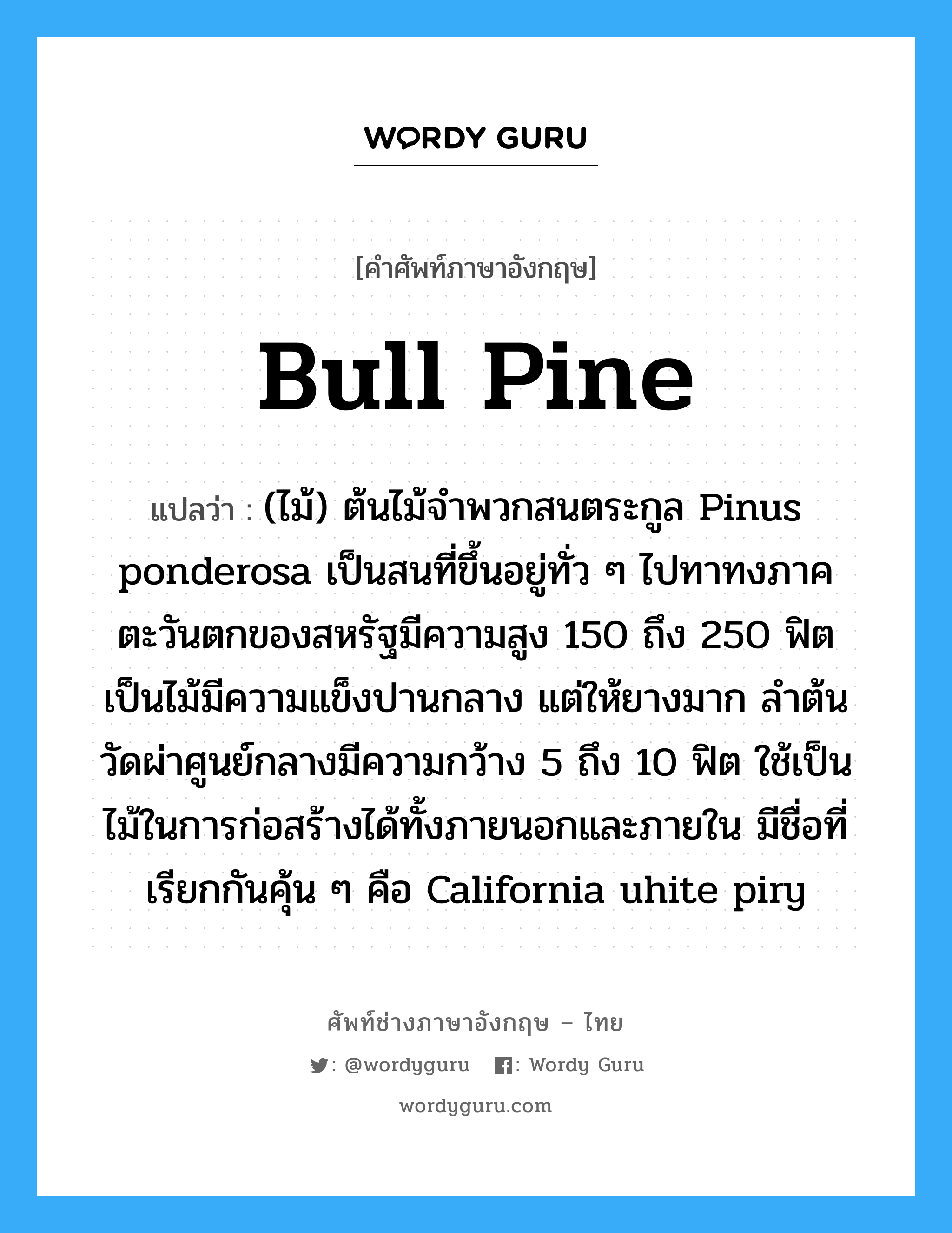 bull pine แปลว่า?, คำศัพท์ช่างภาษาอังกฤษ - ไทย bull pine คำศัพท์ภาษาอังกฤษ bull pine แปลว่า (ไม้) ต้นไม้จำพวกสนตระกูล Pinus ponderosa เป็นสนที่ขึ้นอยู่ทั่ว ๆ ไปทาทงภาคตะวันตกของสหรัฐมีความสูง 150 ถึง 250 ฟิต เป็นไม้มีความแข็งปานกลาง แต่ให้ยางมาก ลำต้นวัดผ่าศูนย์กลางมีความกว้าง 5 ถึง 10 ฟิต ใช้เป็นไม้ในการก่อสร้างได้ทั้งภายนอกและภายใน มีชื่อที่เรียกกันคุ้น ๆ คือ California uhite piry