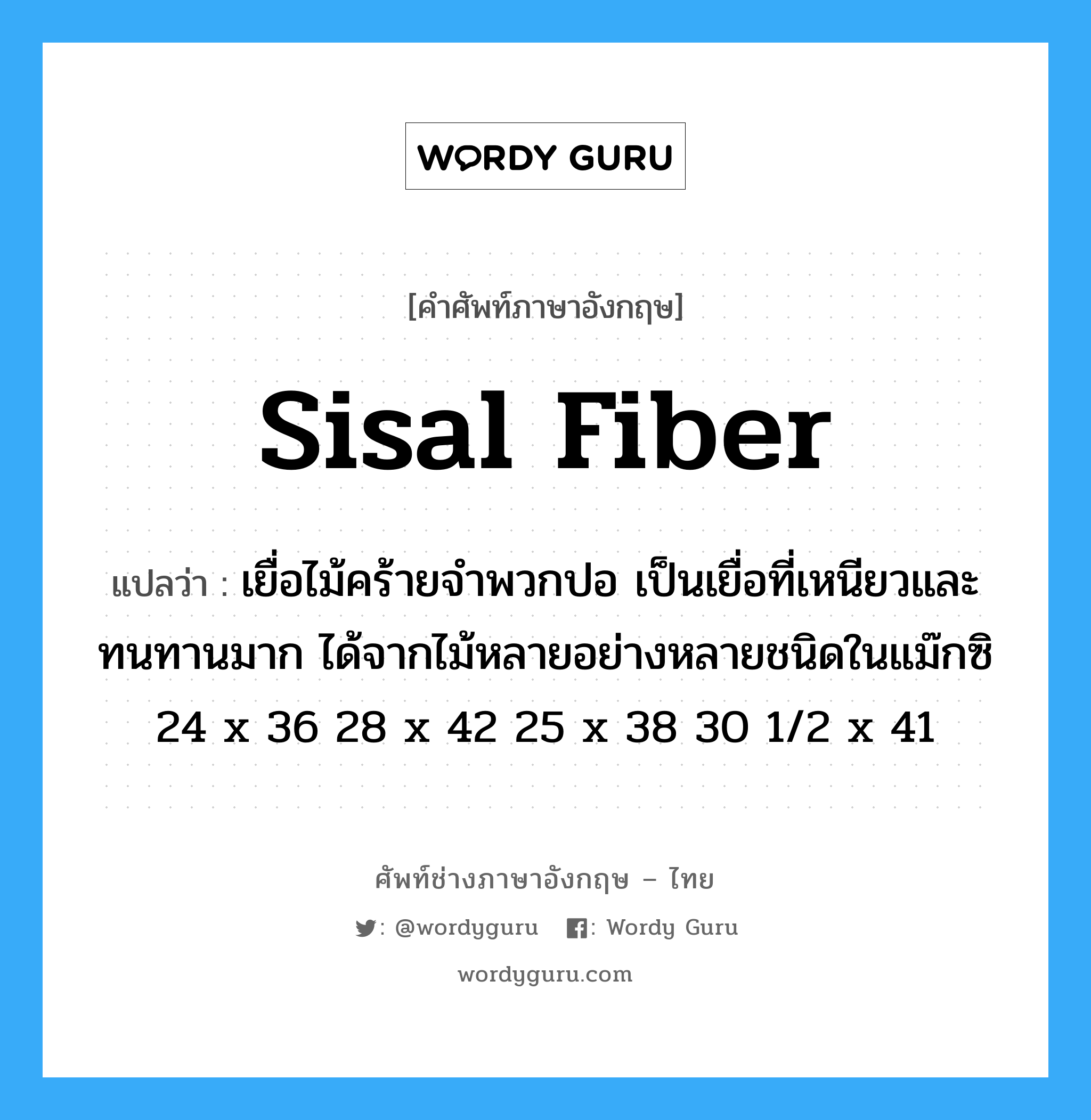 sisal fiber แปลว่า?, คำศัพท์ช่างภาษาอังกฤษ - ไทย sisal fiber คำศัพท์ภาษาอังกฤษ sisal fiber แปลว่า เยื่อไม้คร้ายจำพวกปอ เป็นเยื่อที่เหนียวและทนทานมาก ได้จากไม้หลายอย่างหลายชนิดในแม๊กซิ 24 x 36 28 x 42 25 x 38 30 1/2 x 41