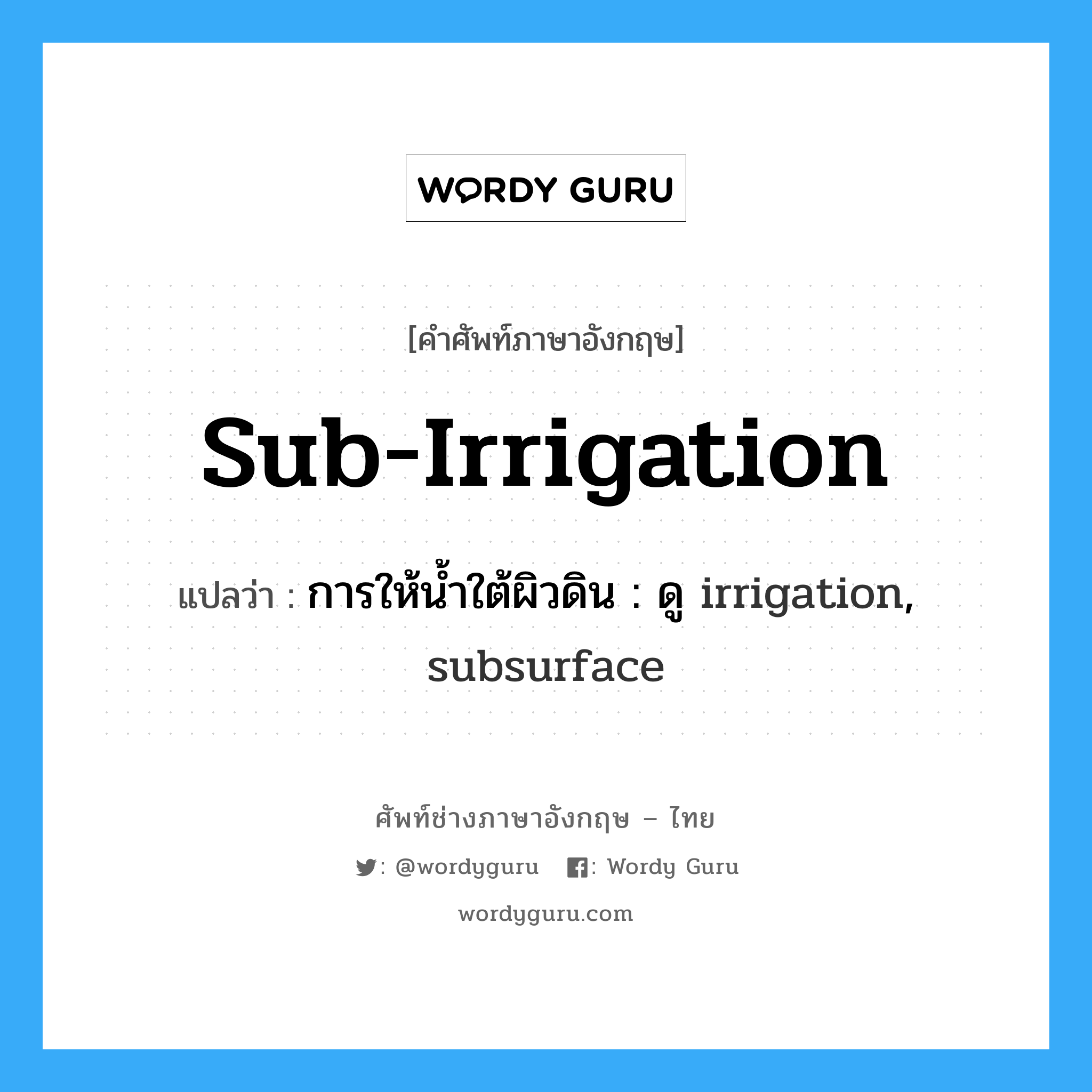 sub-irrigation แปลว่า?, คำศัพท์ช่างภาษาอังกฤษ - ไทย sub-irrigation คำศัพท์ภาษาอังกฤษ sub-irrigation แปลว่า การให้น้ำใต้ผิวดิน : ดู irrigation, subsurface