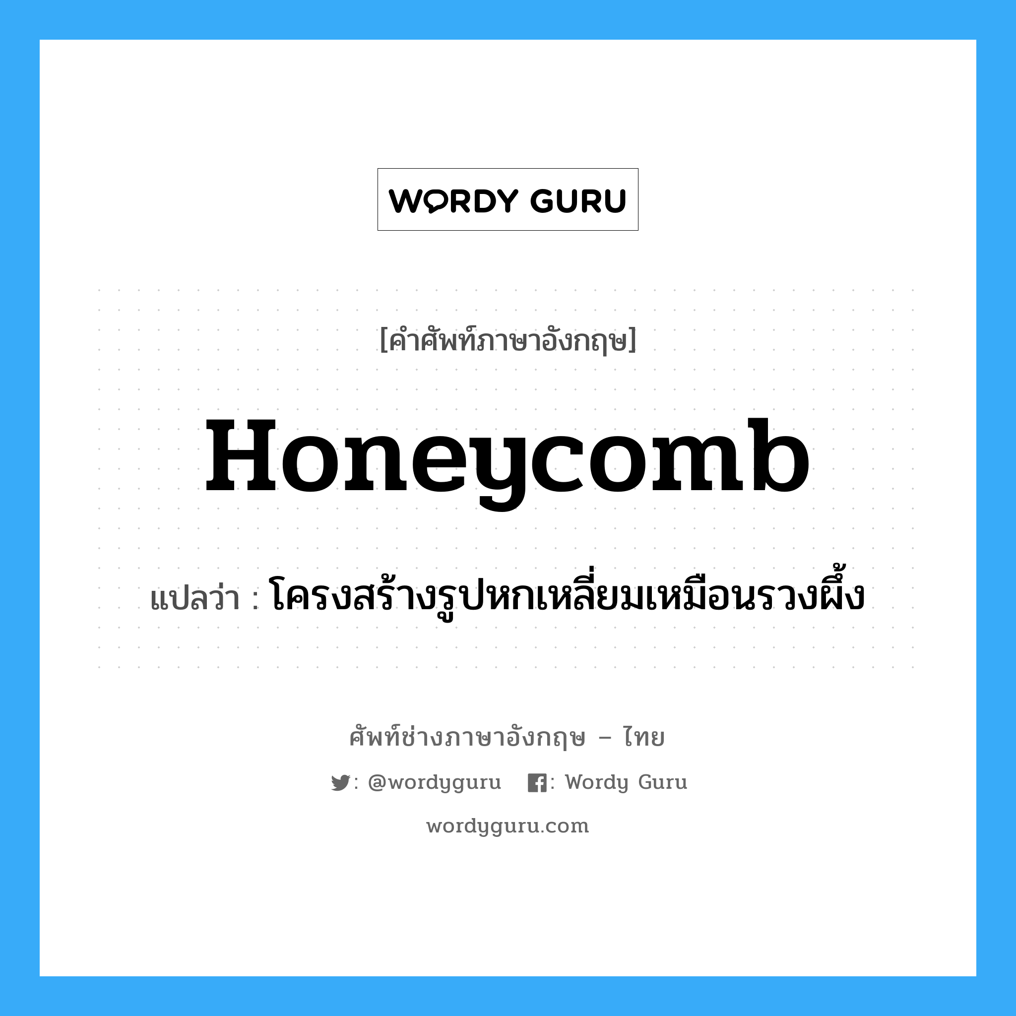honeycomb แปลว่า?, คำศัพท์ช่างภาษาอังกฤษ - ไทย honeycomb คำศัพท์ภาษาอังกฤษ honeycomb แปลว่า โครงสร้างรูปหกเหลี่ยมเหมือนรวงผึ้ง