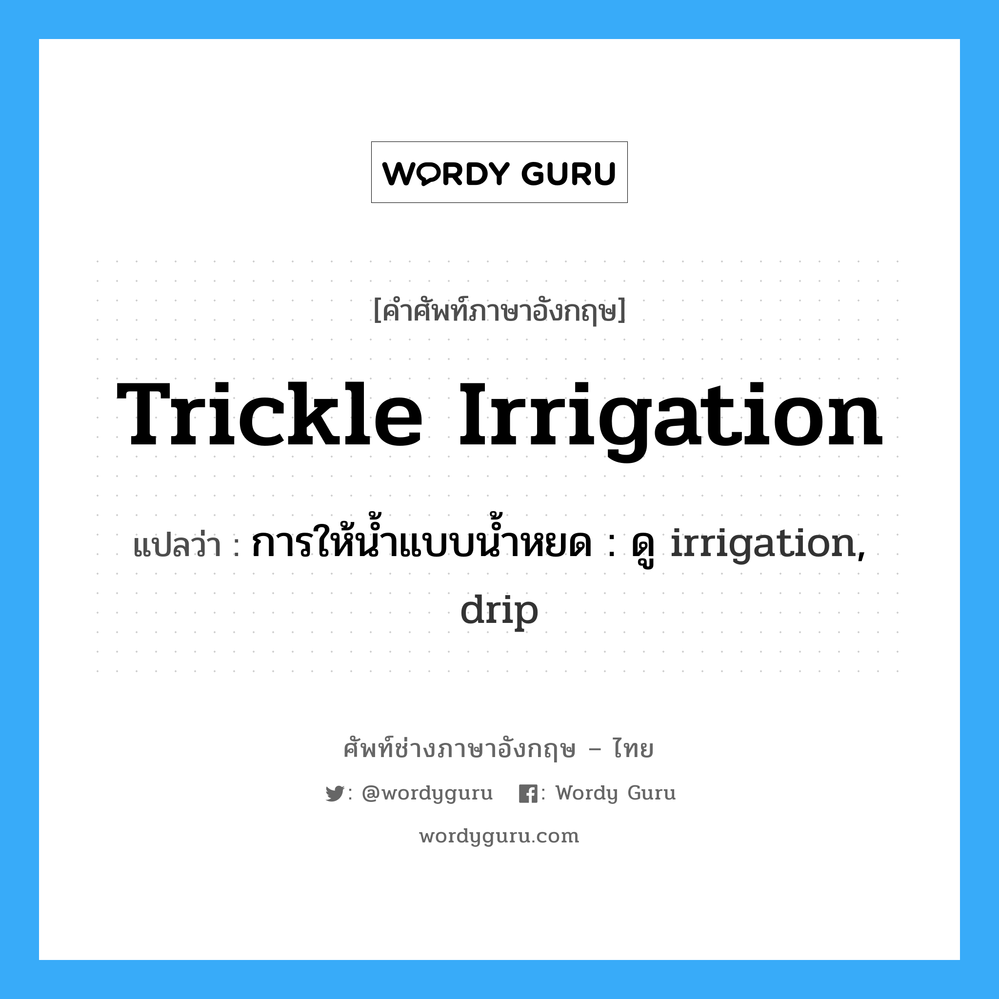 trickle irrigation แปลว่า?, คำศัพท์ช่างภาษาอังกฤษ - ไทย trickle irrigation คำศัพท์ภาษาอังกฤษ trickle irrigation แปลว่า การให้น้ำแบบน้ำหยด : ดู irrigation, drip