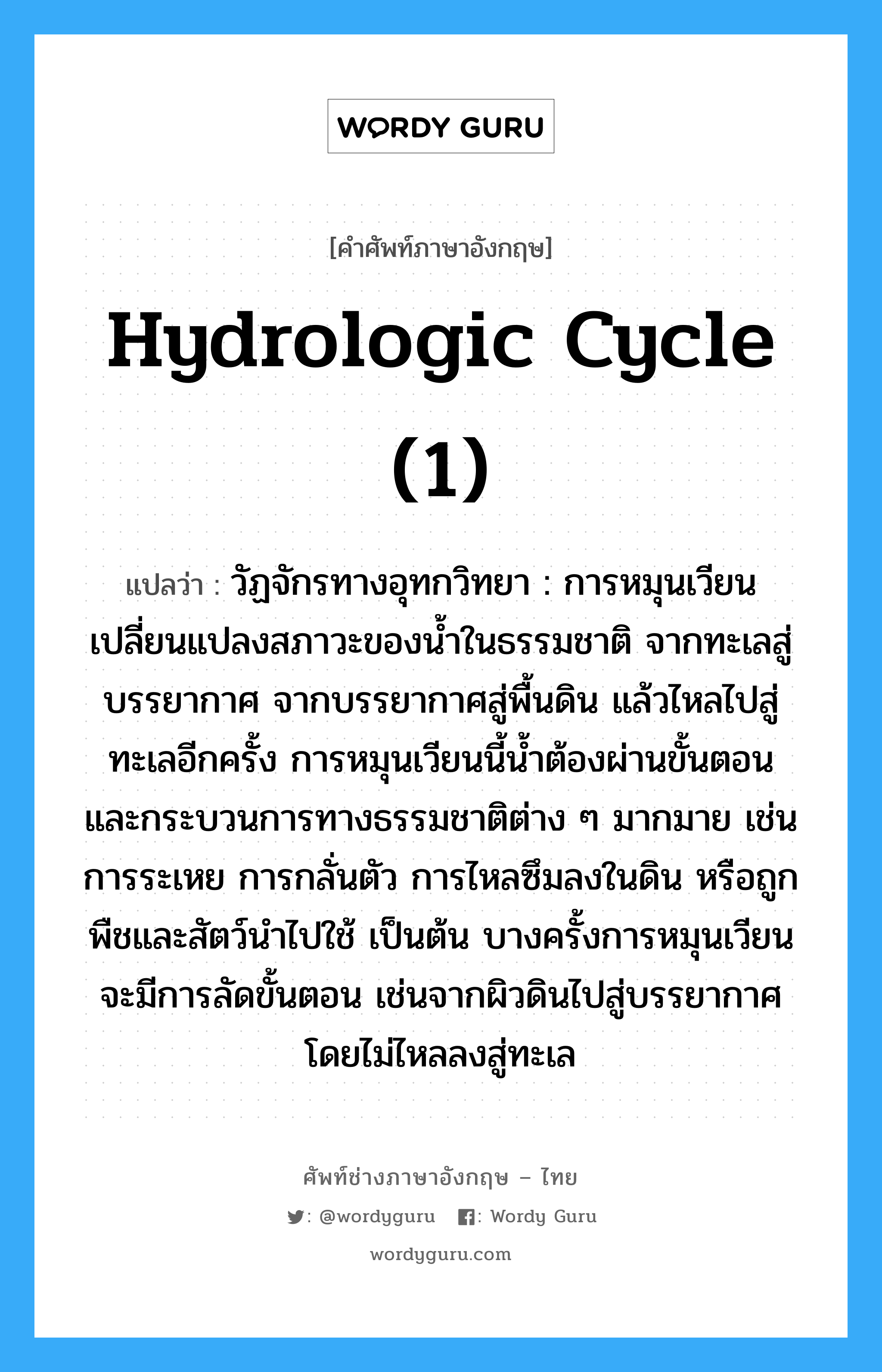 hydrologic cycle (1) แปลว่า?, คำศัพท์ช่างภาษาอังกฤษ - ไทย hydrologic cycle (1) คำศัพท์ภาษาอังกฤษ hydrologic cycle (1) แปลว่า วัฏจักรทางอุทกวิทยา : การหมุนเวียนเปลี่ยนแปลงสภาวะของน้ำในธรรมชาติ จากทะเลสู่บรรยากาศ จากบรรยากาศสู่พื้นดิน แล้วไหลไปสู่ทะเลอีกครั้ง การหมุนเวียนนี้น้ำต้องผ่านขั้นตอน และกระบวนการทางธรรมชาติต่าง ๆ มากมาย เช่น การระเหย การกลั่นตัว การไหลซึมลงในดิน หรือถูกพืชและสัตว์นำไปใช้ เป็นต้น บางครั้งการหมุนเวียนจะมีการลัดขั้นตอน เช่นจากผิวดินไปสู่บรรยากาศโดยไม่ไหลลงสู่ทะเล