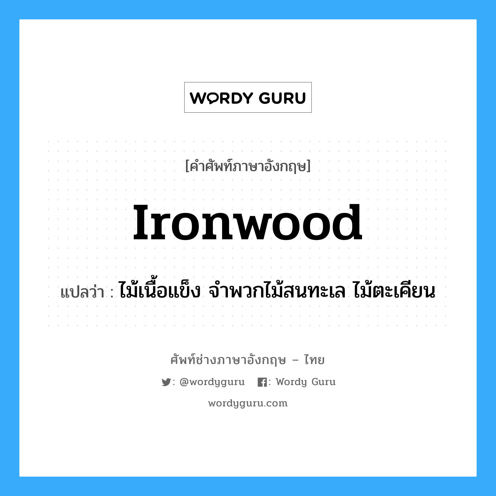 ironwood แปลว่า?, คำศัพท์ช่างภาษาอังกฤษ - ไทย ironwood คำศัพท์ภาษาอังกฤษ ironwood แปลว่า ไม้เนื้อแข็ง จำพวกไม้สนทะเล ไม้ตะเคียน