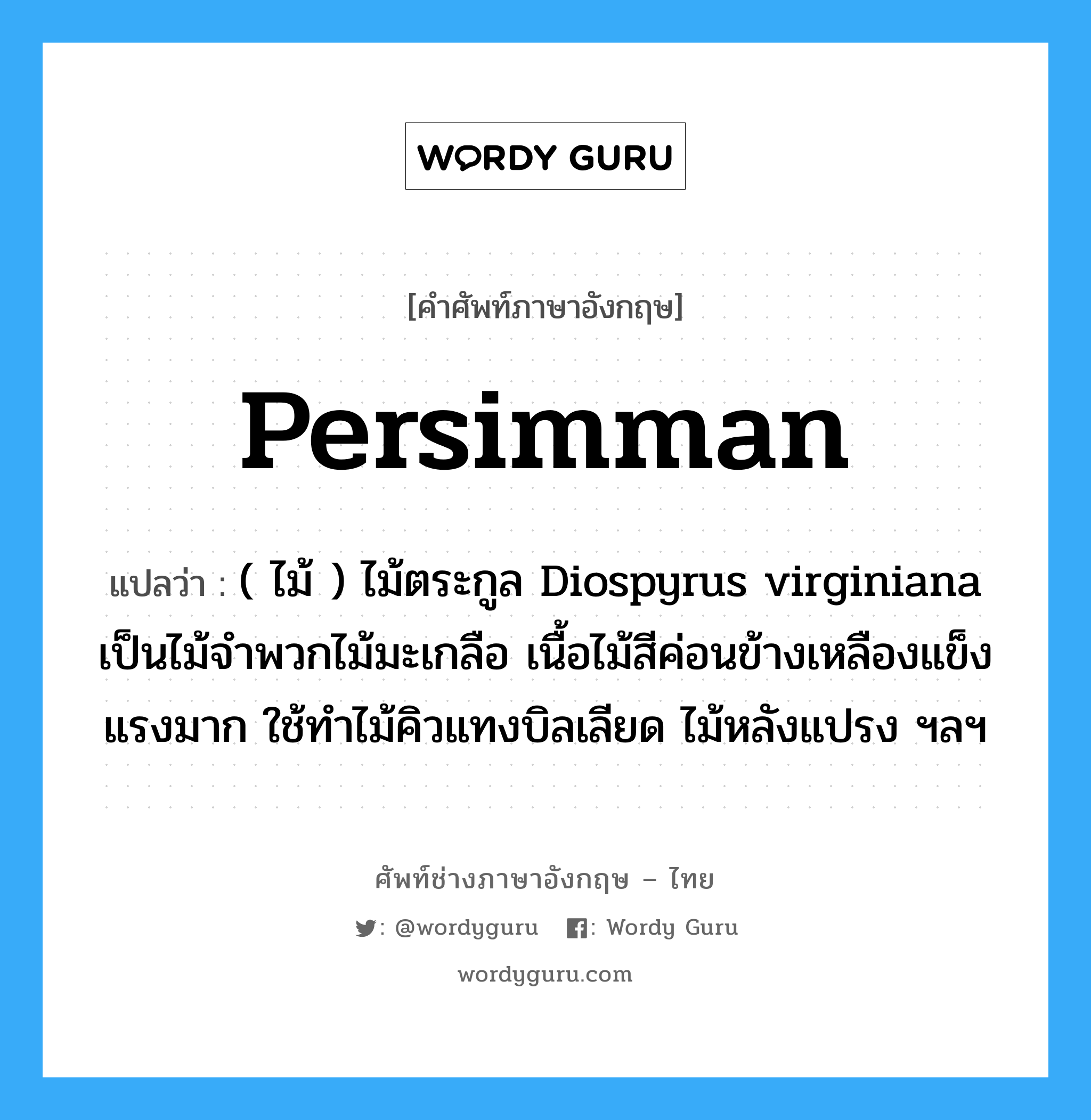 persimman แปลว่า?, คำศัพท์ช่างภาษาอังกฤษ - ไทย persimman คำศัพท์ภาษาอังกฤษ persimman แปลว่า ( ไม้ ) ไม้ตระกูล Diospyrus virginiana เป็นไม้จำพวกไม้มะเกลือ เนื้อไม้สีค่อนข้างเหลืองแข็งแรงมาก ใช้ทำไม้คิวแทงบิลเลียด ไม้หลังแปรง ฯลฯ