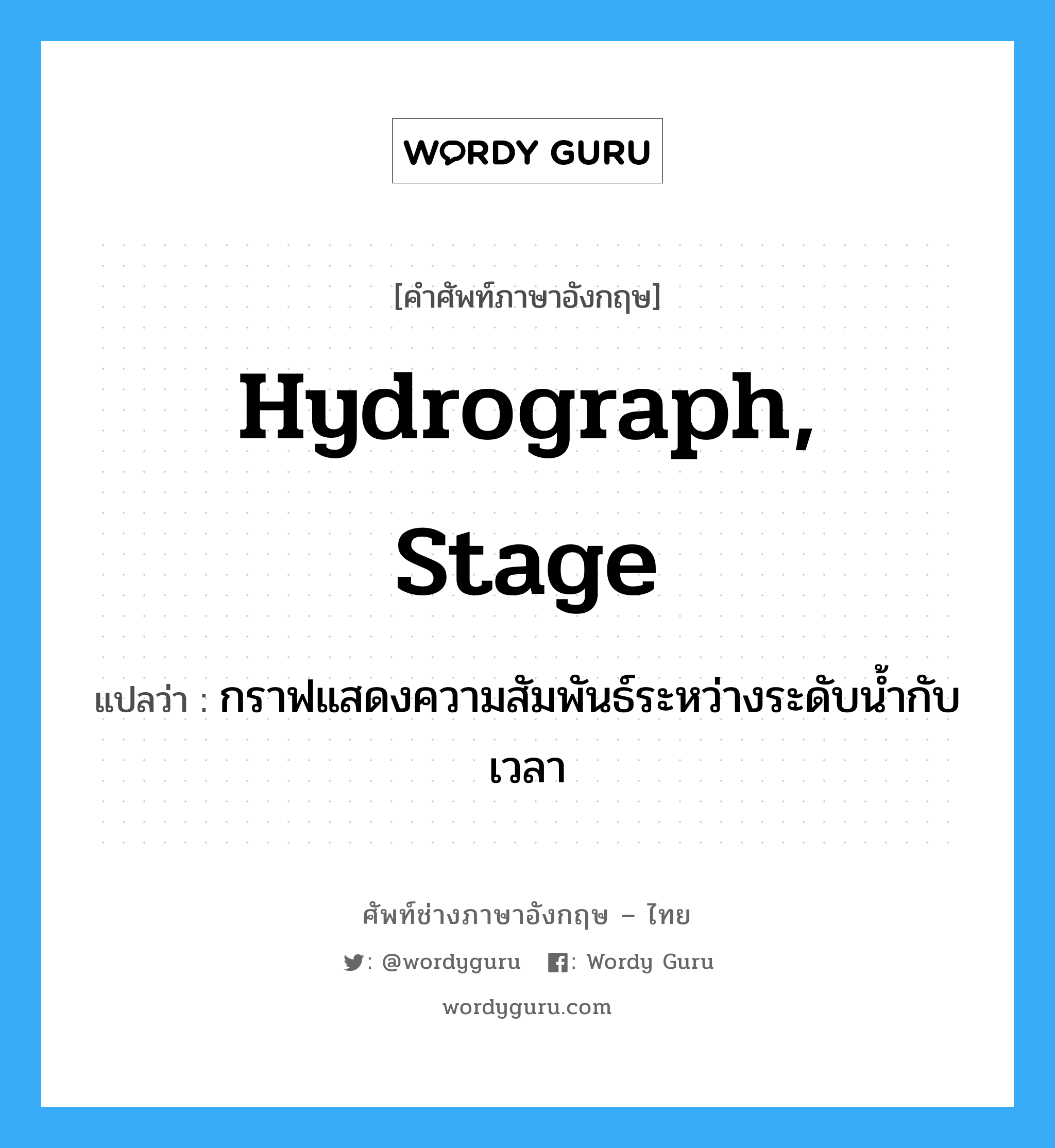 hydrograph, stage แปลว่า?, คำศัพท์ช่างภาษาอังกฤษ - ไทย hydrograph, stage คำศัพท์ภาษาอังกฤษ hydrograph, stage แปลว่า กราฟแสดงความสัมพันธ์ระหว่างระดับน้ำกับเวลา