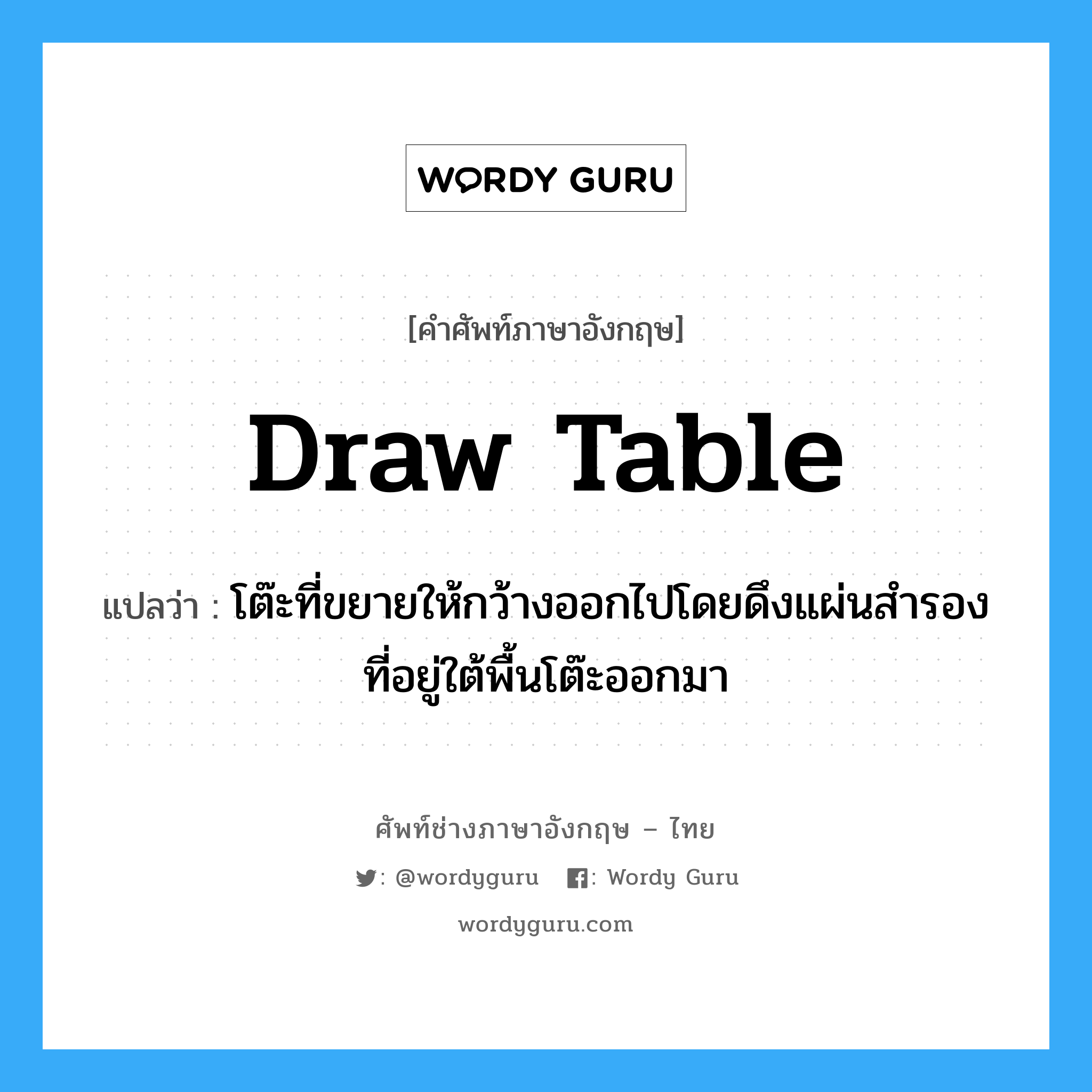 draw table แปลว่า?, คำศัพท์ช่างภาษาอังกฤษ - ไทย draw table คำศัพท์ภาษาอังกฤษ draw table แปลว่า โต๊ะที่ขยายให้กว้างออกไปโดยดึงแผ่นสำรองที่อยู่ใต้พื้นโต๊ะออกมา