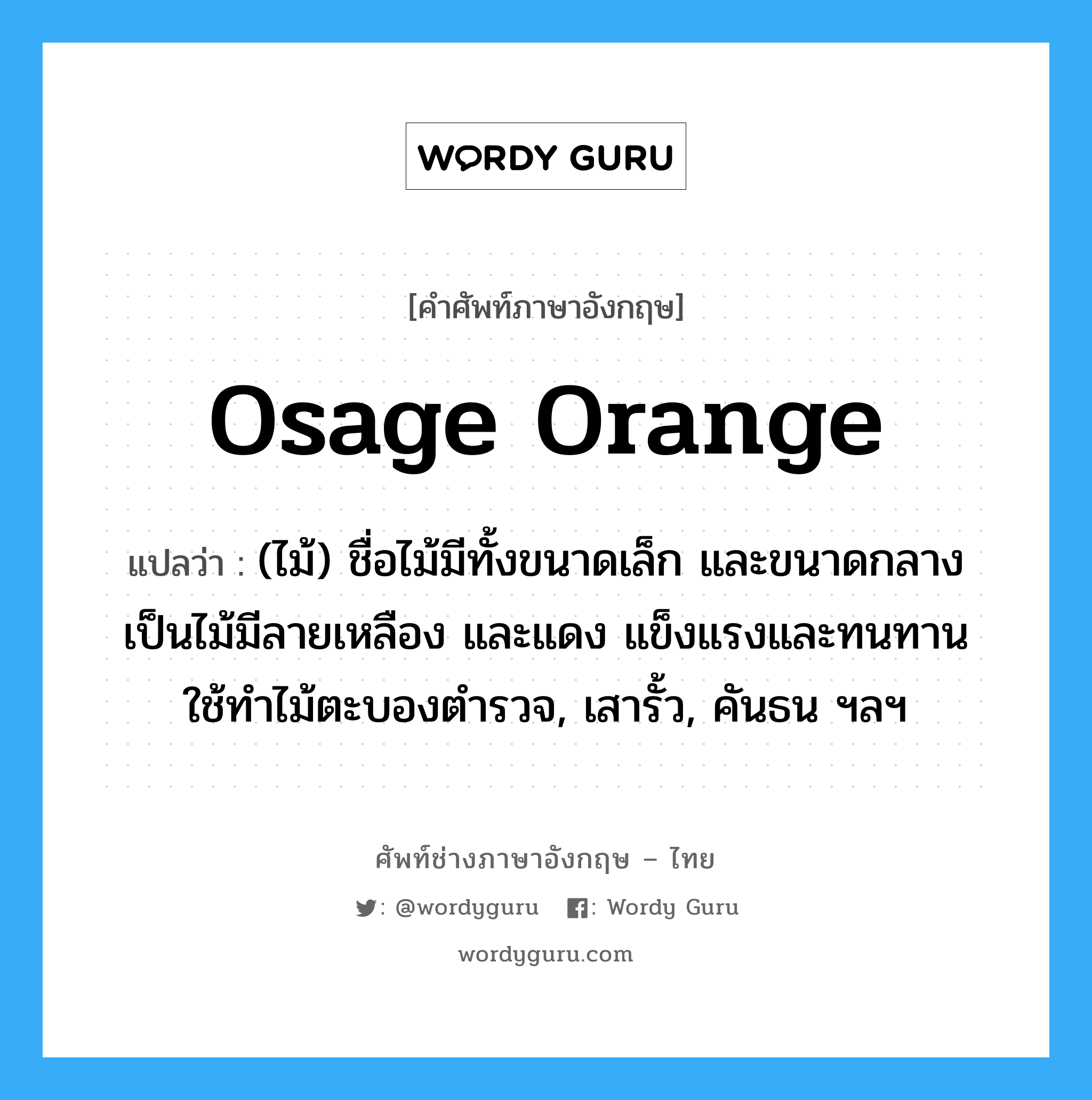 osage orange แปลว่า?, คำศัพท์ช่างภาษาอังกฤษ - ไทย osage orange คำศัพท์ภาษาอังกฤษ osage orange แปลว่า (ไม้) ชื่อไม้มีทั้งขนาดเล็ก และขนาดกลาง เป็นไม้มีลายเหลือง และแดง แข็งแรงและทนทาน ใช้ทำไม้ตะบองตำรวจ, เสารั้ว, คันธน ฯลฯ