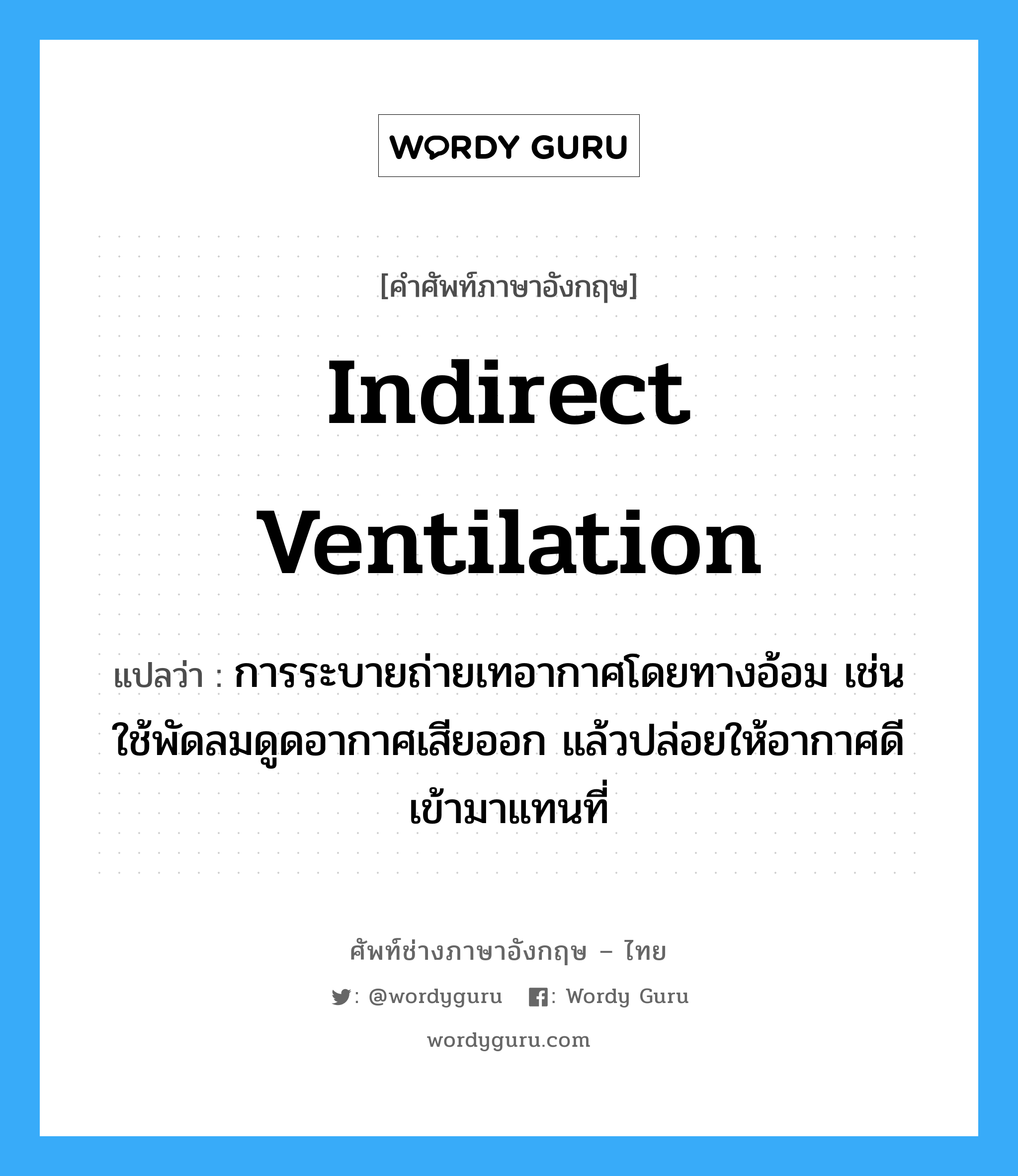 indirect ventilation แปลว่า?, คำศัพท์ช่างภาษาอังกฤษ - ไทย indirect ventilation คำศัพท์ภาษาอังกฤษ indirect ventilation แปลว่า การระบายถ่ายเทอากาศโดยทางอ้อม เช่น ใช้พัดลมดูดอากาศเสียออก แล้วปล่อยให้อากาศดีเข้ามาแทนที่