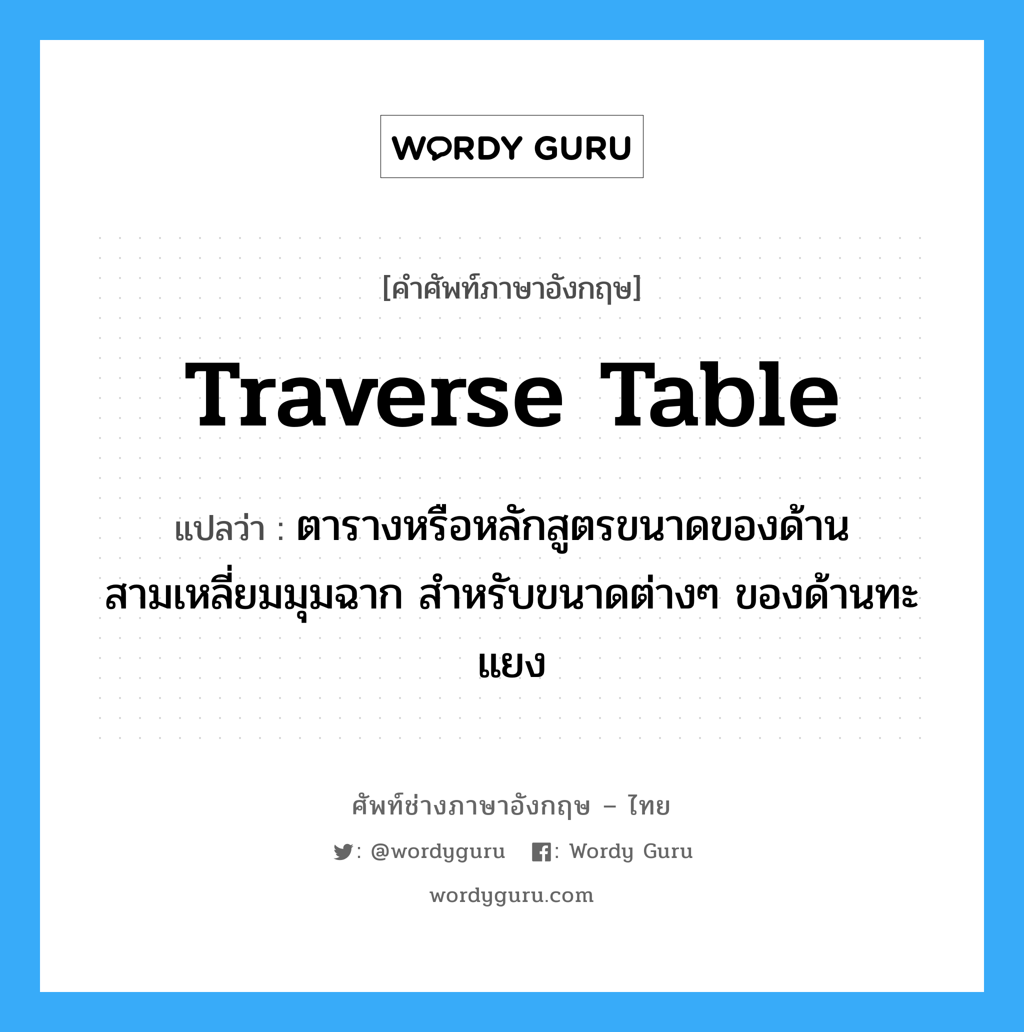 traverse table แปลว่า?, คำศัพท์ช่างภาษาอังกฤษ - ไทย traverse table คำศัพท์ภาษาอังกฤษ traverse table แปลว่า ตารางหรือหลักสูตรขนาดของด้านสามเหลี่ยมมุมฉาก สำหรับขนาดต่างๆ ของด้านทะแยง