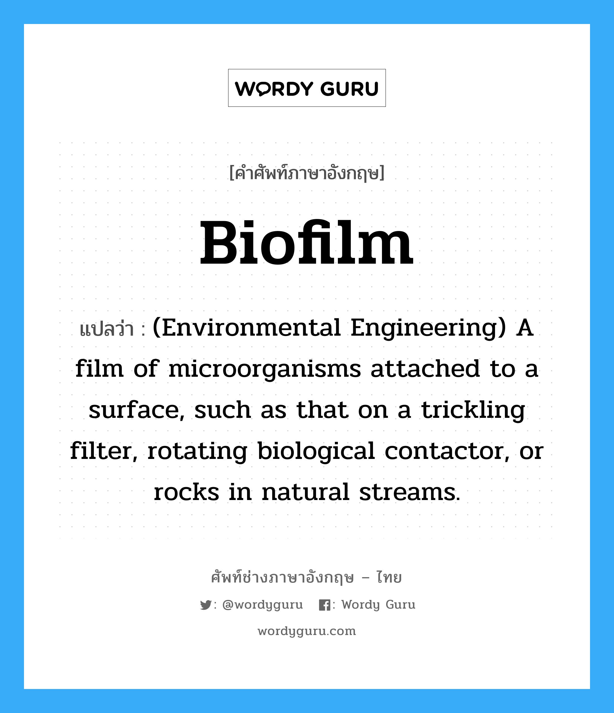 (Environmental Engineering) A film of microorganisms attached to a surface, such as that on a trickling filter, rotating biological contactor, or rocks in natural streams. ภาษาอังกฤษ?, คำศัพท์ช่างภาษาอังกฤษ - ไทย (Environmental Engineering) A film of microorganisms attached to a surface, such as that on a trickling filter, rotating biological contactor, or rocks in natural streams. คำศัพท์ภาษาอังกฤษ (Environmental Engineering) A film of microorganisms attached to a surface, such as that on a trickling filter, rotating biological contactor, or rocks in natural streams. แปลว่า Biofilm