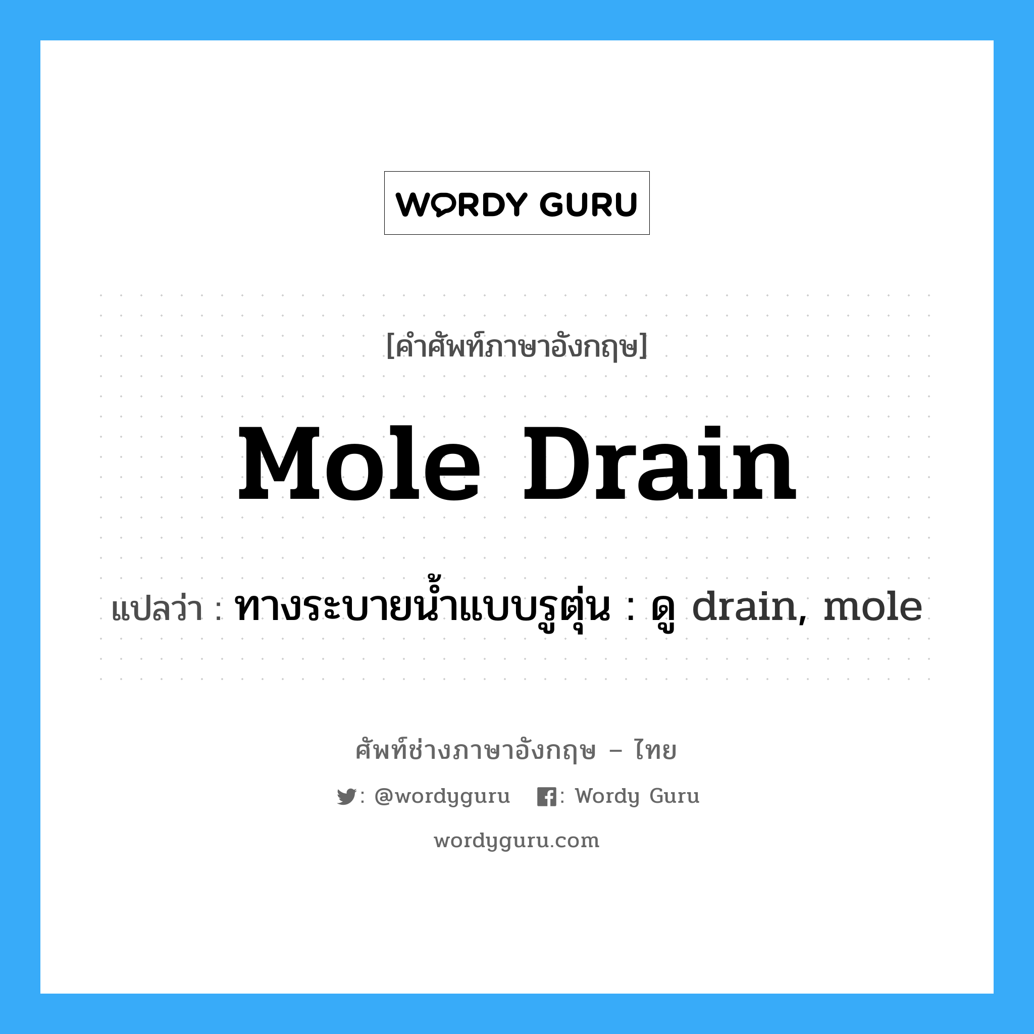 ทางระบายน้ำแบบรูตุ่น : ดู drain, mole ภาษาอังกฤษ?, คำศัพท์ช่างภาษาอังกฤษ - ไทย ทางระบายน้ำแบบรูตุ่น : ดู drain, mole คำศัพท์ภาษาอังกฤษ ทางระบายน้ำแบบรูตุ่น : ดู drain, mole แปลว่า mole drain
