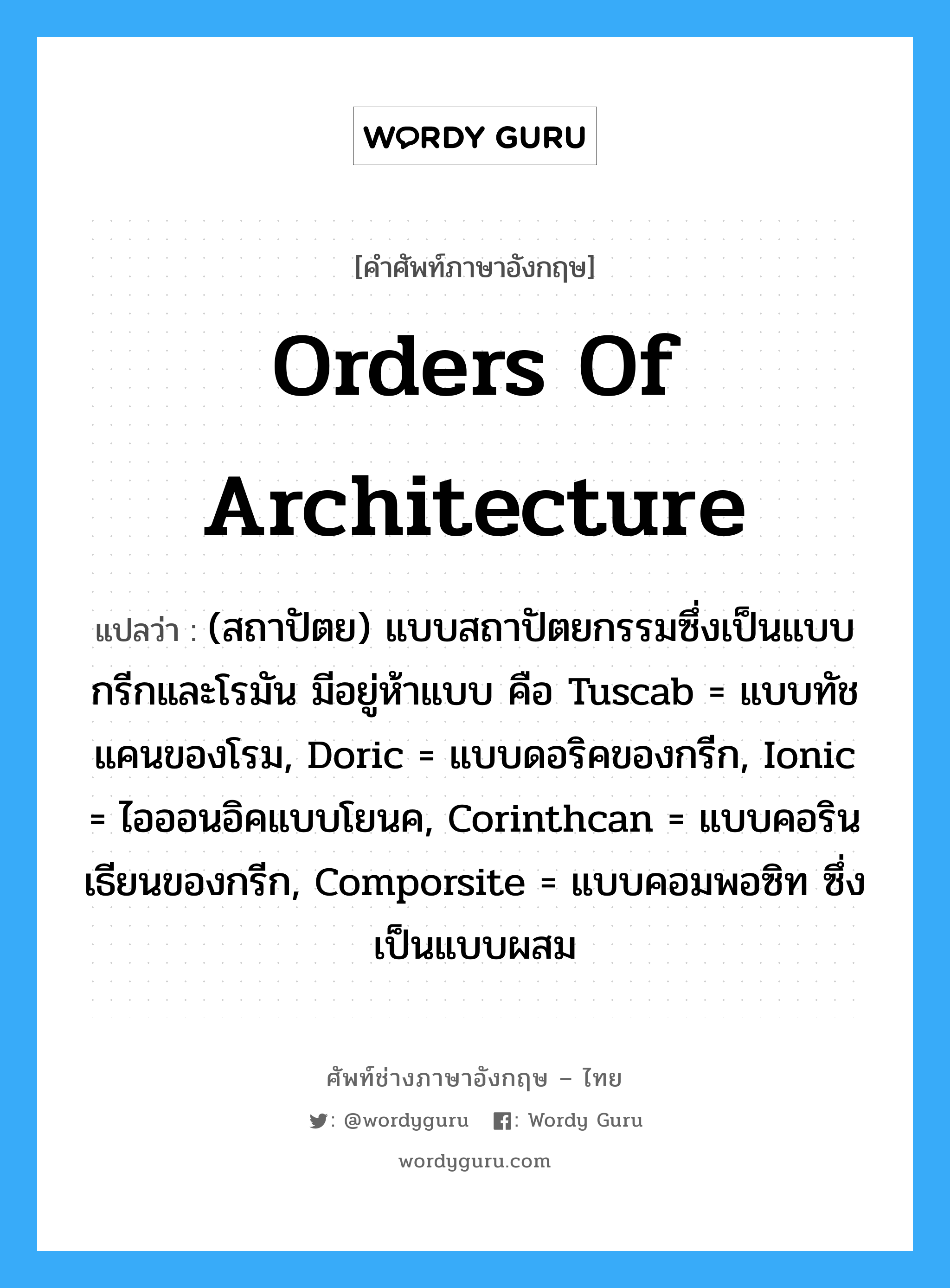 orders of architecture แปลว่า?, คำศัพท์ช่างภาษาอังกฤษ - ไทย orders of architecture คำศัพท์ภาษาอังกฤษ orders of architecture แปลว่า (สถาปัตย) แบบสถาปัตยกรรมซึ่งเป็นแบบกรีกและโรมัน มีอยู่ห้าแบบ คือ Tuscab = แบบทัชแคนของโรม, Doric = แบบดอริคของกรีก, Ionic = ไอออนอิคแบบโยนค, Corinthcan = แบบคอรินเธียนของกรีก, Comporsite = แบบคอมพอซิท ซึ่งเป็นแบบผสม