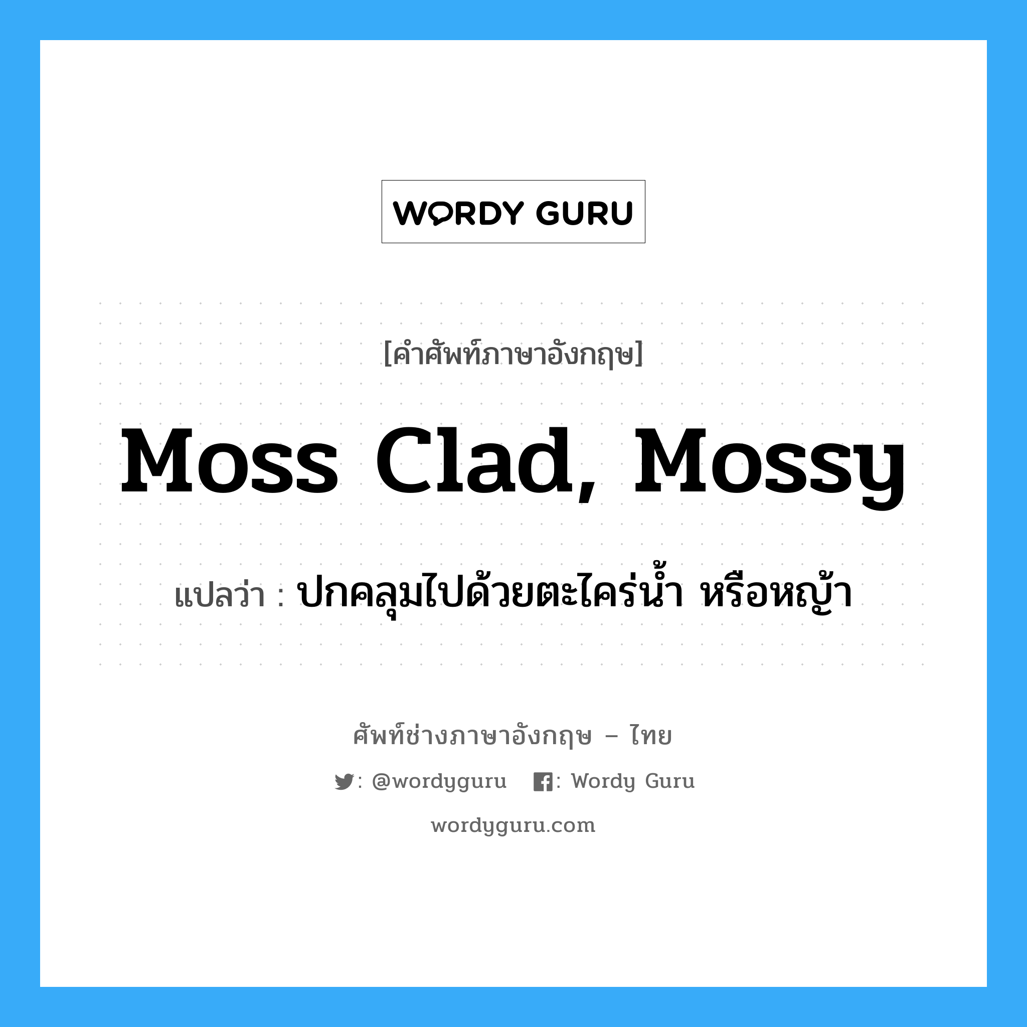 moss clad, mossy แปลว่า?, คำศัพท์ช่างภาษาอังกฤษ - ไทย moss clad, mossy คำศัพท์ภาษาอังกฤษ moss clad, mossy แปลว่า ปกคลุมไปด้วยตะไคร่น้ำ หรือหญ้า