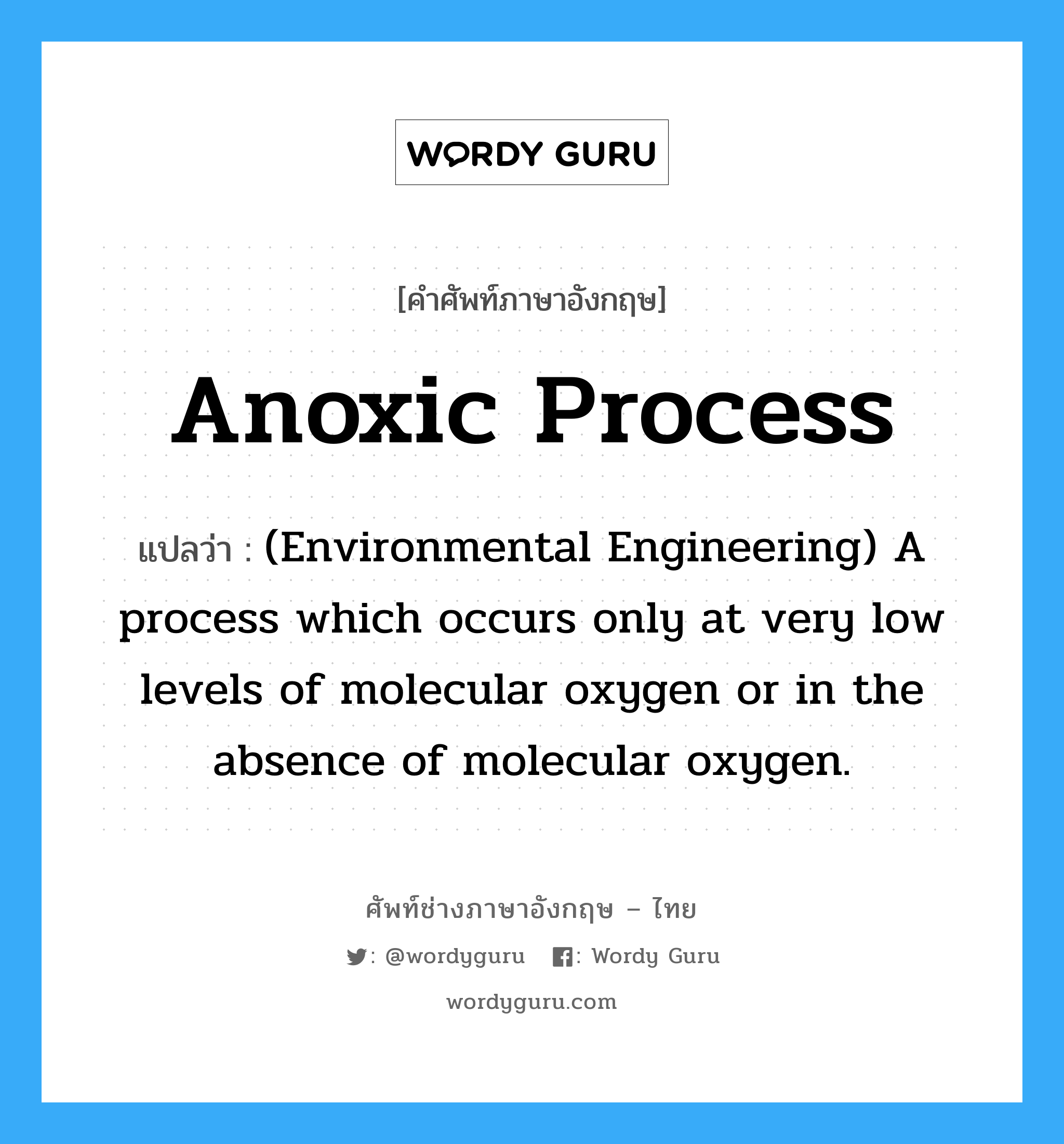 (Environmental Engineering) A process which occurs only at very low levels of molecular oxygen or in the absence of molecular oxygen. ภาษาอังกฤษ?, คำศัพท์ช่างภาษาอังกฤษ - ไทย (Environmental Engineering) A process which occurs only at very low levels of molecular oxygen or in the absence of molecular oxygen. คำศัพท์ภาษาอังกฤษ (Environmental Engineering) A process which occurs only at very low levels of molecular oxygen or in the absence of molecular oxygen. แปลว่า Anoxic process