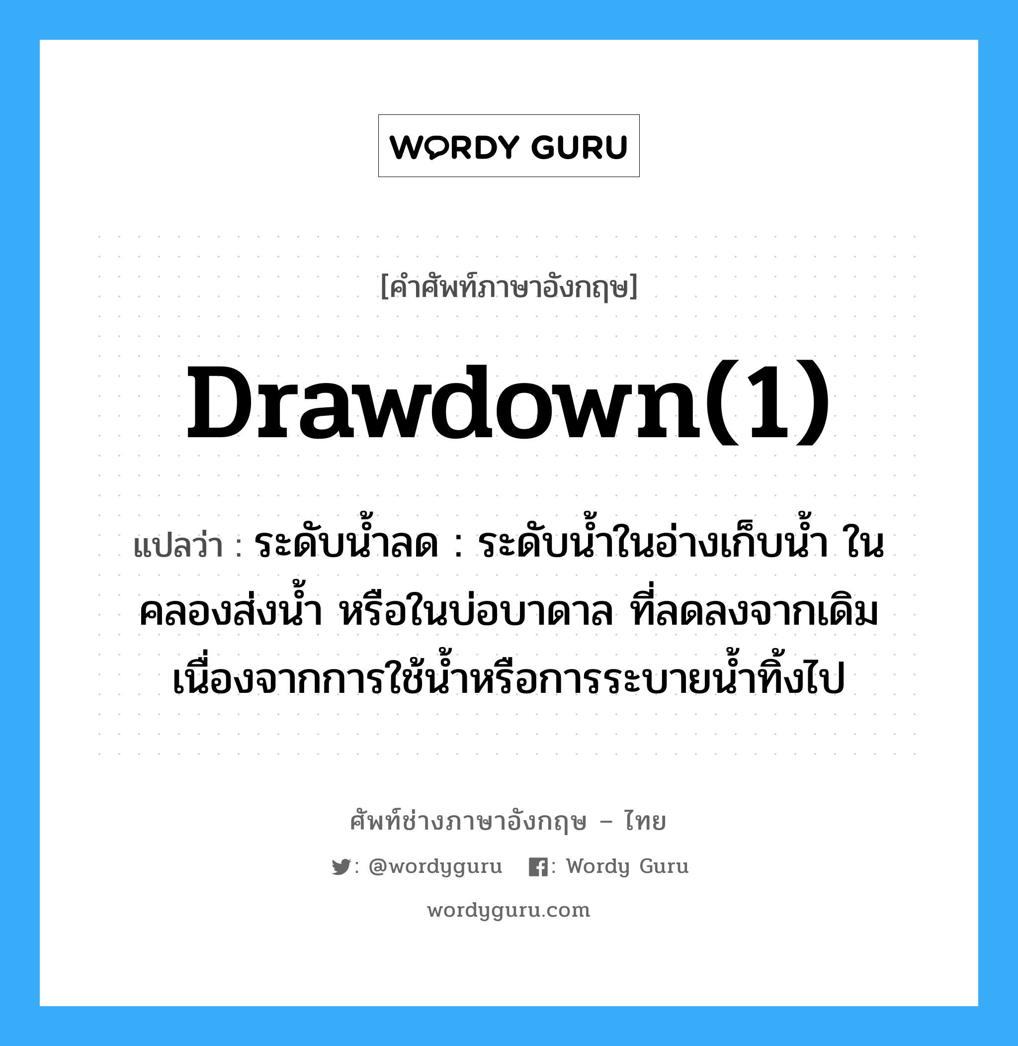 drawdown(1) แปลว่า?, คำศัพท์ช่างภาษาอังกฤษ - ไทย drawdown(1) คำศัพท์ภาษาอังกฤษ drawdown(1) แปลว่า ระดับน้ำลด : ระดับน้ำในอ่างเก็บน้ำ ในคลองส่งน้ำ หรือในบ่อบาดาล ที่ลดลงจากเดิมเนื่องจากการใช้น้ำหรือการระบายน้ำทิ้งไป