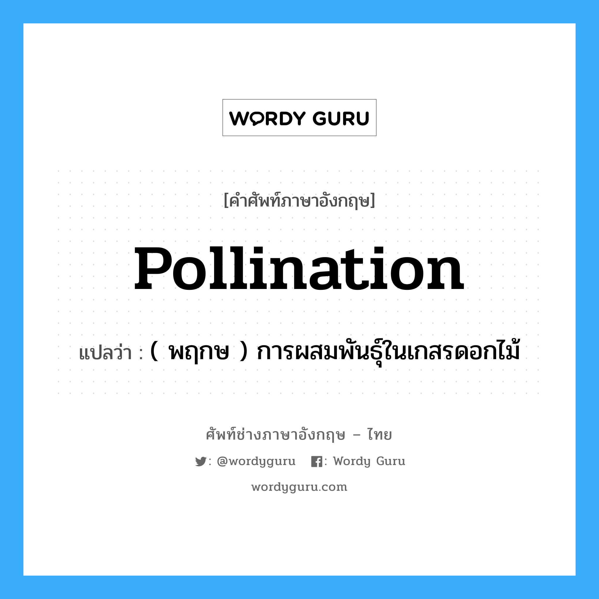 pollination แปลว่า?, คำศัพท์ช่างภาษาอังกฤษ - ไทย pollination คำศัพท์ภาษาอังกฤษ pollination แปลว่า ( พฤกษ ) การผสมพันธุ์ในเกสรดอกไม้