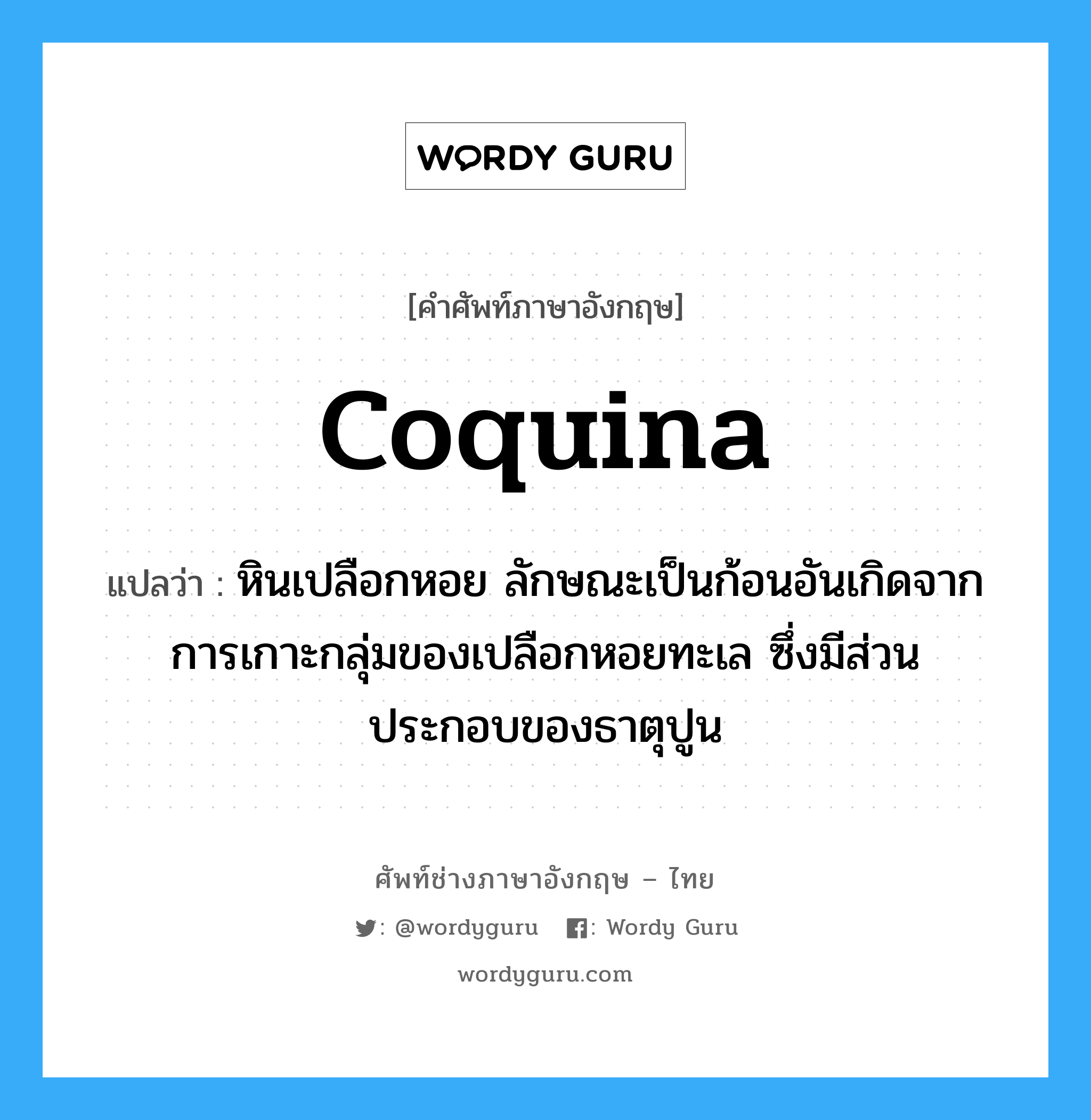 coquina แปลว่า?, คำศัพท์ช่างภาษาอังกฤษ - ไทย coquina คำศัพท์ภาษาอังกฤษ coquina แปลว่า หินเปลือกหอย ลักษณะเป็นก้อนอันเกิดจากการเกาะกลุ่มของเปลือกหอยทะเล ซึ่งมีส่วนประกอบของธาตุปูน