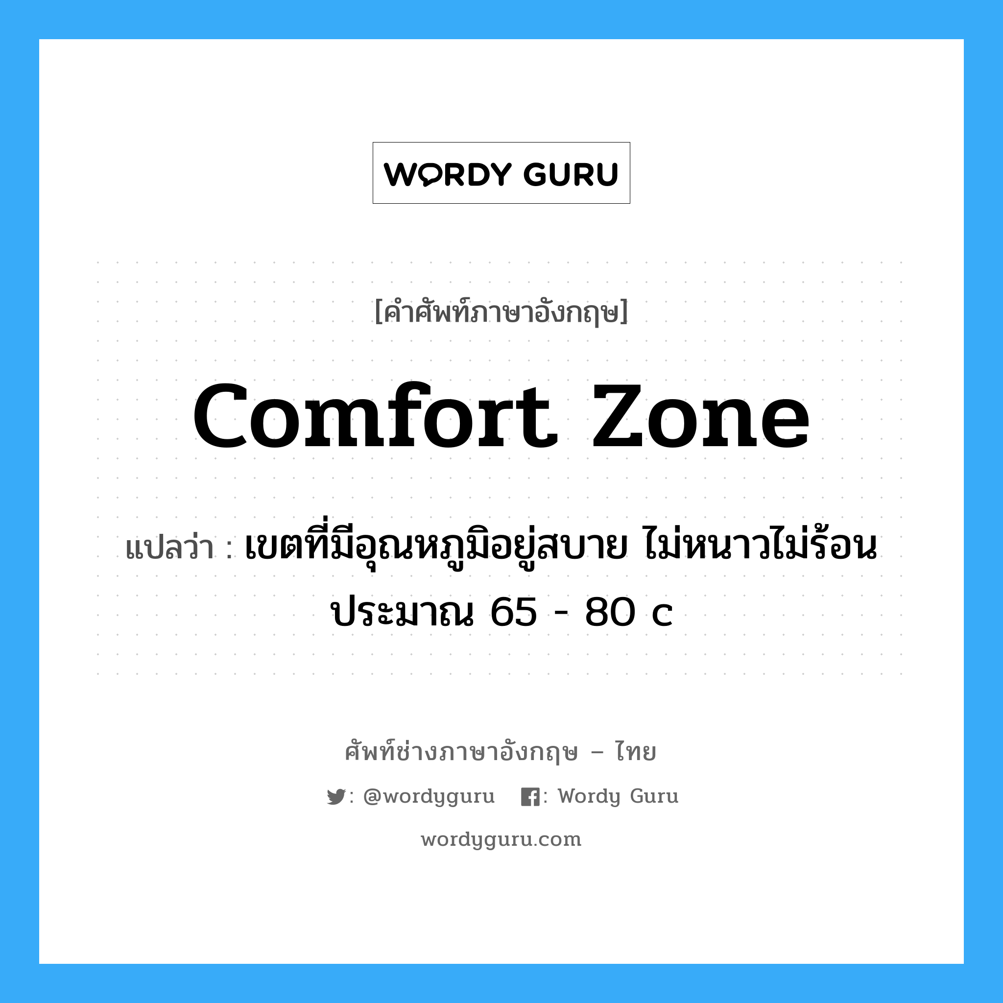comfort zone แปลว่า?, คำศัพท์ช่างภาษาอังกฤษ - ไทย comfort zone คำศัพท์ภาษาอังกฤษ comfort zone แปลว่า เขตที่มีอุณหภูมิอยู่สบาย ไม่หนาวไม่ร้อน ประมาณ 65 - 80 c