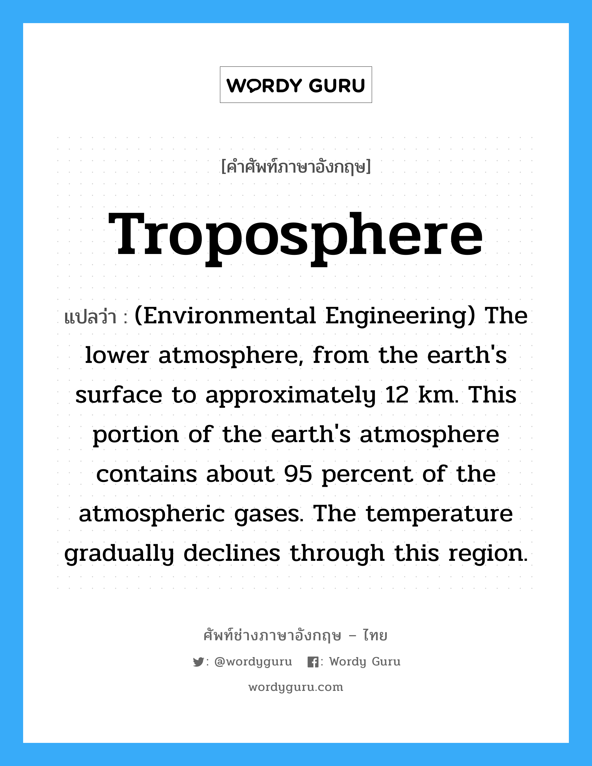 Troposphere แปลว่า?, คำศัพท์ช่างภาษาอังกฤษ - ไทย Troposphere คำศัพท์ภาษาอังกฤษ Troposphere แปลว่า (Environmental Engineering) The lower atmosphere, from the earth's surface to approximately 12 km. This portion of the earth's atmosphere contains about 95 percent of the atmospheric gases. The temperature gradually declines through this region.