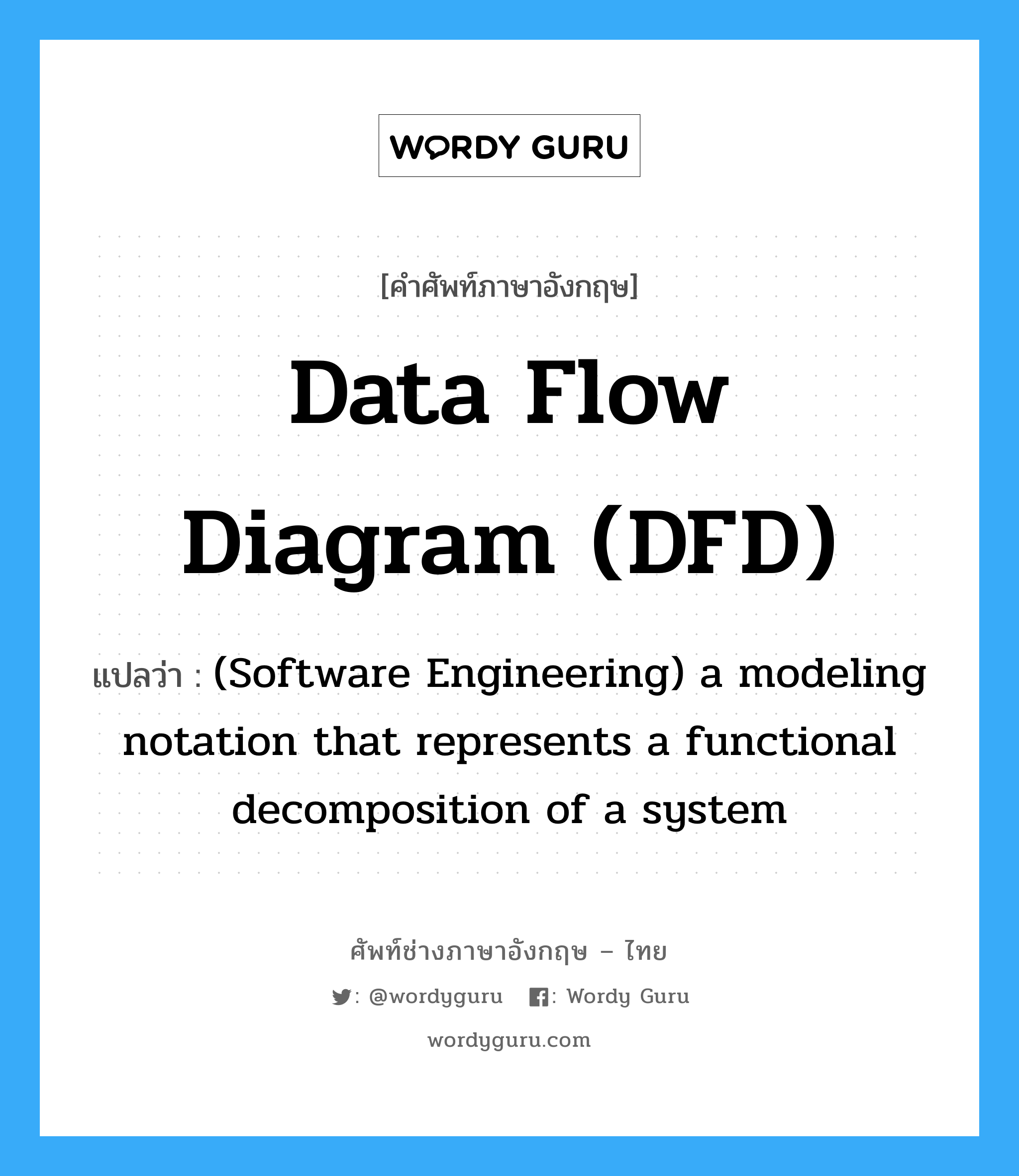 Data flow diagram (DFD) แปลว่า?, คำศัพท์ช่างภาษาอังกฤษ - ไทย Data flow diagram (DFD) คำศัพท์ภาษาอังกฤษ Data flow diagram (DFD) แปลว่า (Software Engineering) a modeling notation that represents a functional decomposition of a system