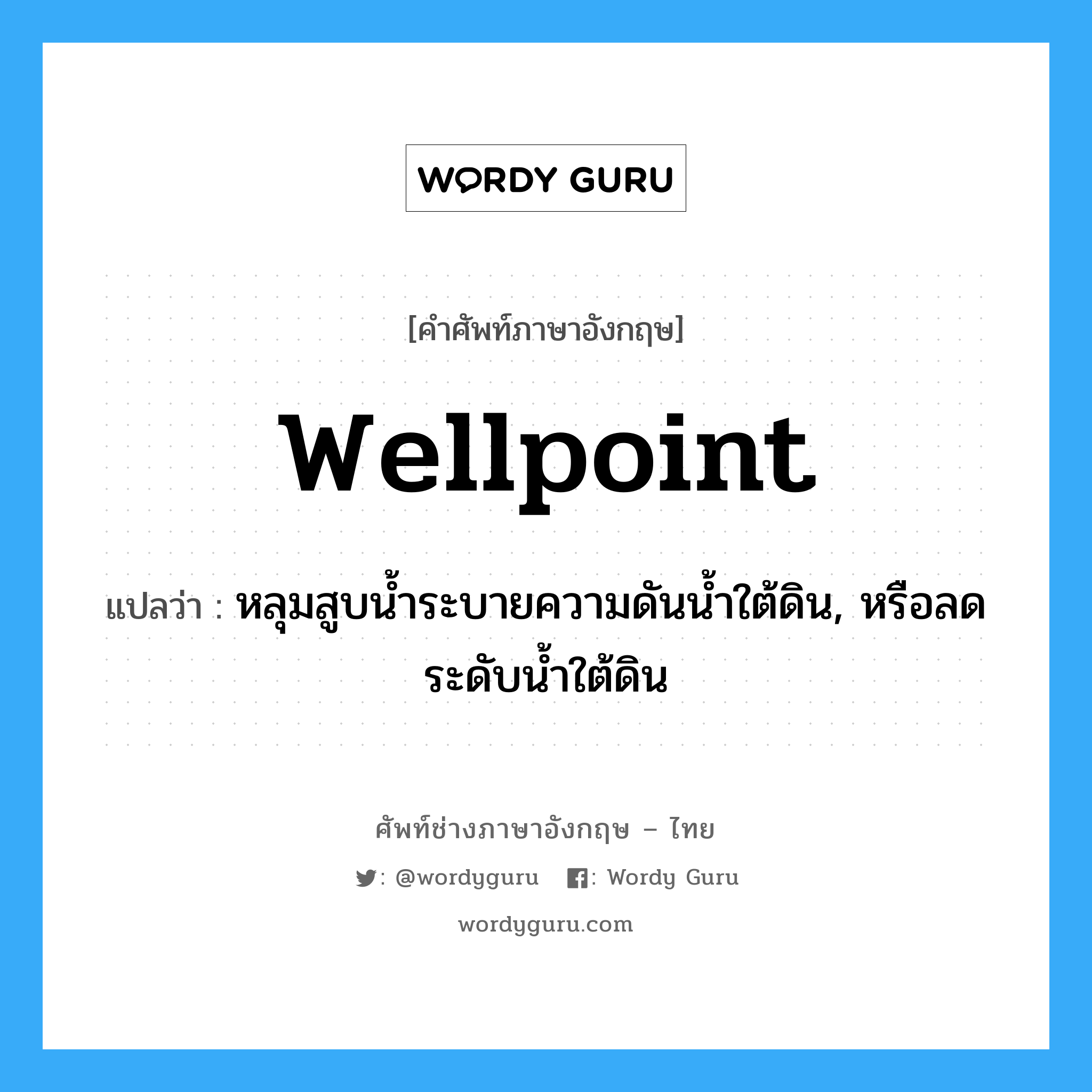 wellpoint แปลว่า?, คำศัพท์ช่างภาษาอังกฤษ - ไทย wellpoint คำศัพท์ภาษาอังกฤษ wellpoint แปลว่า หลุมสูบน้ำระบายความดันน้ำใต้ดิน, หรือลดระดับน้ำใต้ดิน