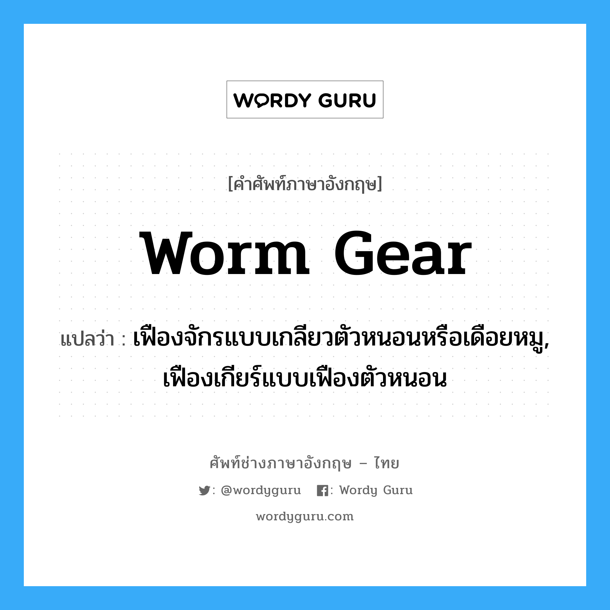 worm gear แปลว่า?, คำศัพท์ช่างภาษาอังกฤษ - ไทย worm gear คำศัพท์ภาษาอังกฤษ worm gear แปลว่า เฟืองจักรแบบเกลียวตัวหนอนหรือเดือยหมู, เฟืองเกียร์แบบเฟืองตัวหนอน