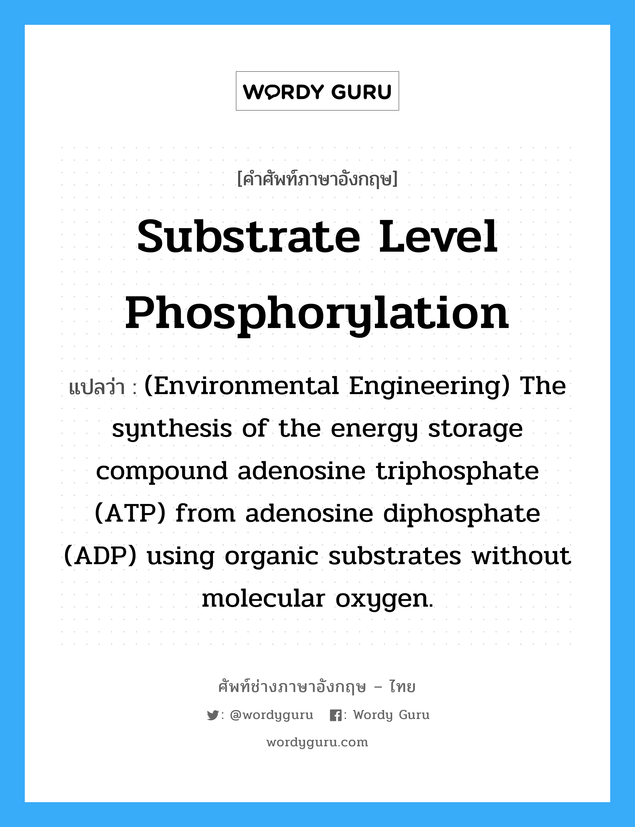 (Environmental Engineering) The synthesis of the energy storage compound adenosine triphosphate (ATP) from adenosine diphosphate (ADP) using a chemical substrate and molecular oxygen. ภาษาอังกฤษ?, คำศัพท์ช่างภาษาอังกฤษ - ไทย (Environmental Engineering) The synthesis of the energy storage compound adenosine triphosphate (ATP) from adenosine diphosphate (ADP) using organic substrates without molecular oxygen. คำศัพท์ภาษาอังกฤษ (Environmental Engineering) The synthesis of the energy storage compound adenosine triphosphate (ATP) from adenosine diphosphate (ADP) using organic substrates without molecular oxygen. แปลว่า Substrate level phosphorylation