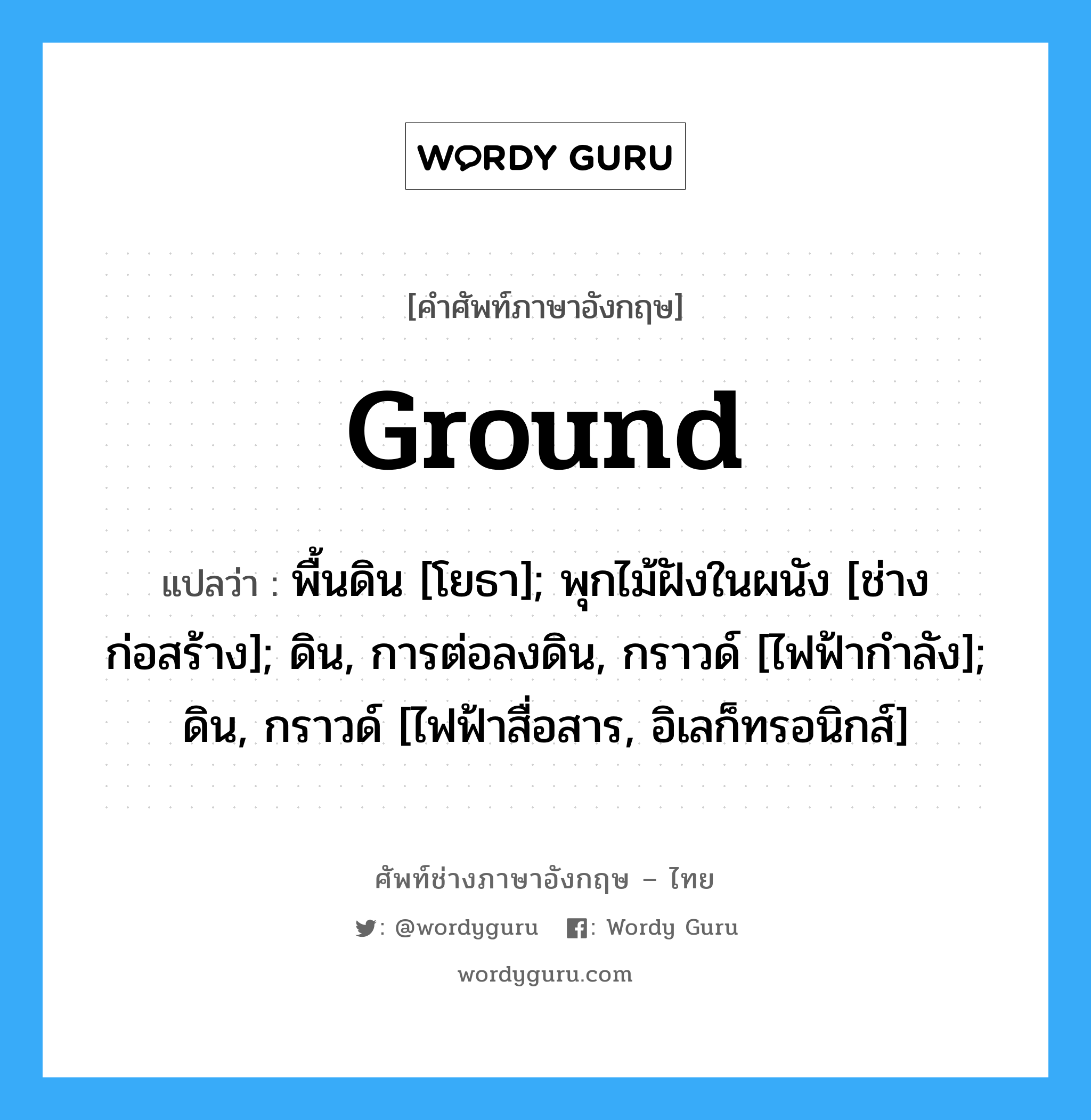 Ground แปลว่า?, คำศัพท์ช่างภาษาอังกฤษ - ไทย Ground คำศัพท์ภาษาอังกฤษ Ground แปลว่า พื้นดิน [โยธา]; พุกไม้ฝังในผนัง [ช่างก่อสร้าง]; ดิน, การต่อลงดิน, กราวด์ [ไฟฟ้ากำลัง]; ดิน, กราวด์ [ไฟฟ้าสื่อสาร, อิเลก็ทรอนิกส์]
