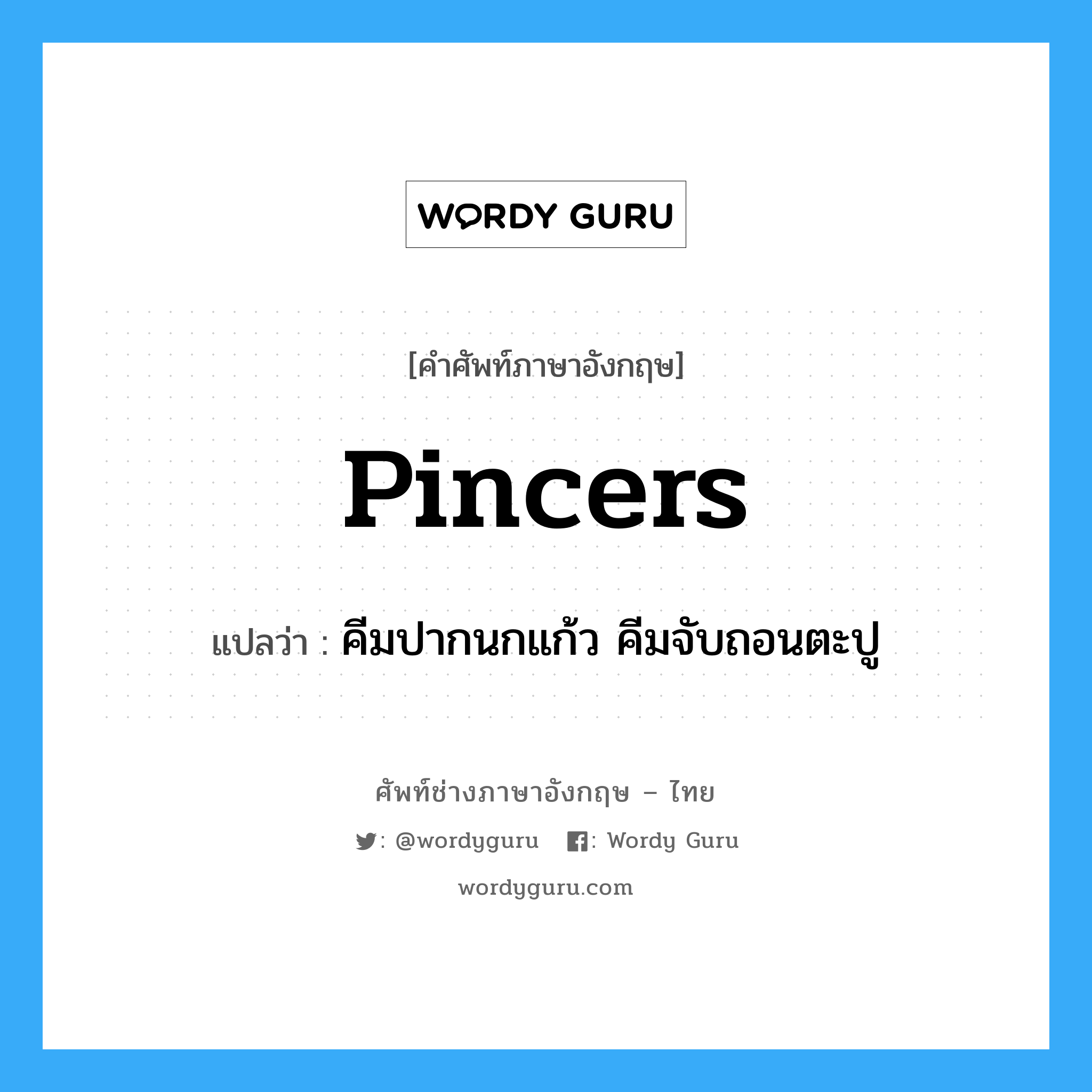 pincers แปลว่า?, คำศัพท์ช่างภาษาอังกฤษ - ไทย pincers คำศัพท์ภาษาอังกฤษ pincers แปลว่า คีมปากนกแก้ว คีมจับถอนตะปู
