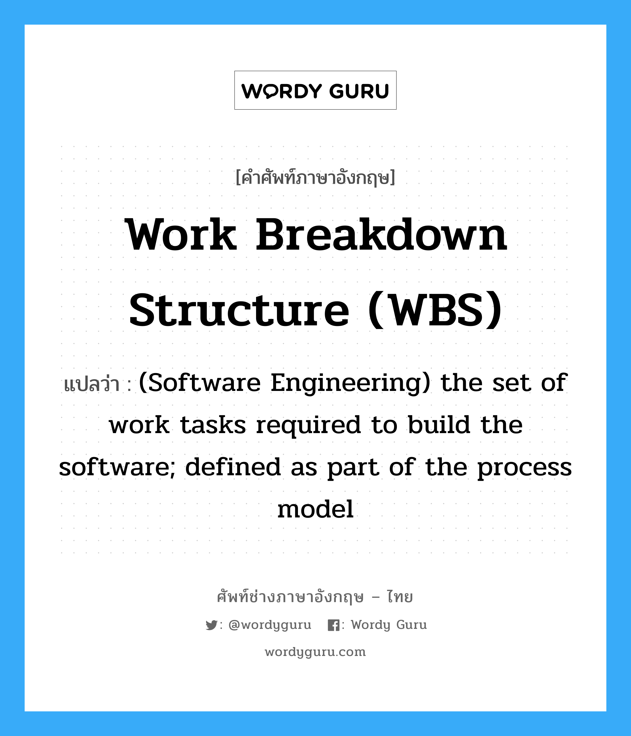 (Software Engineering) the set of work tasks required to build the software; defined as part of the process model ภาษาอังกฤษ?, คำศัพท์ช่างภาษาอังกฤษ - ไทย (Software Engineering) the set of work tasks required to build the software; defined as part of the process model คำศัพท์ภาษาอังกฤษ (Software Engineering) the set of work tasks required to build the software; defined as part of the process model แปลว่า Work breakdown structure (WBS)