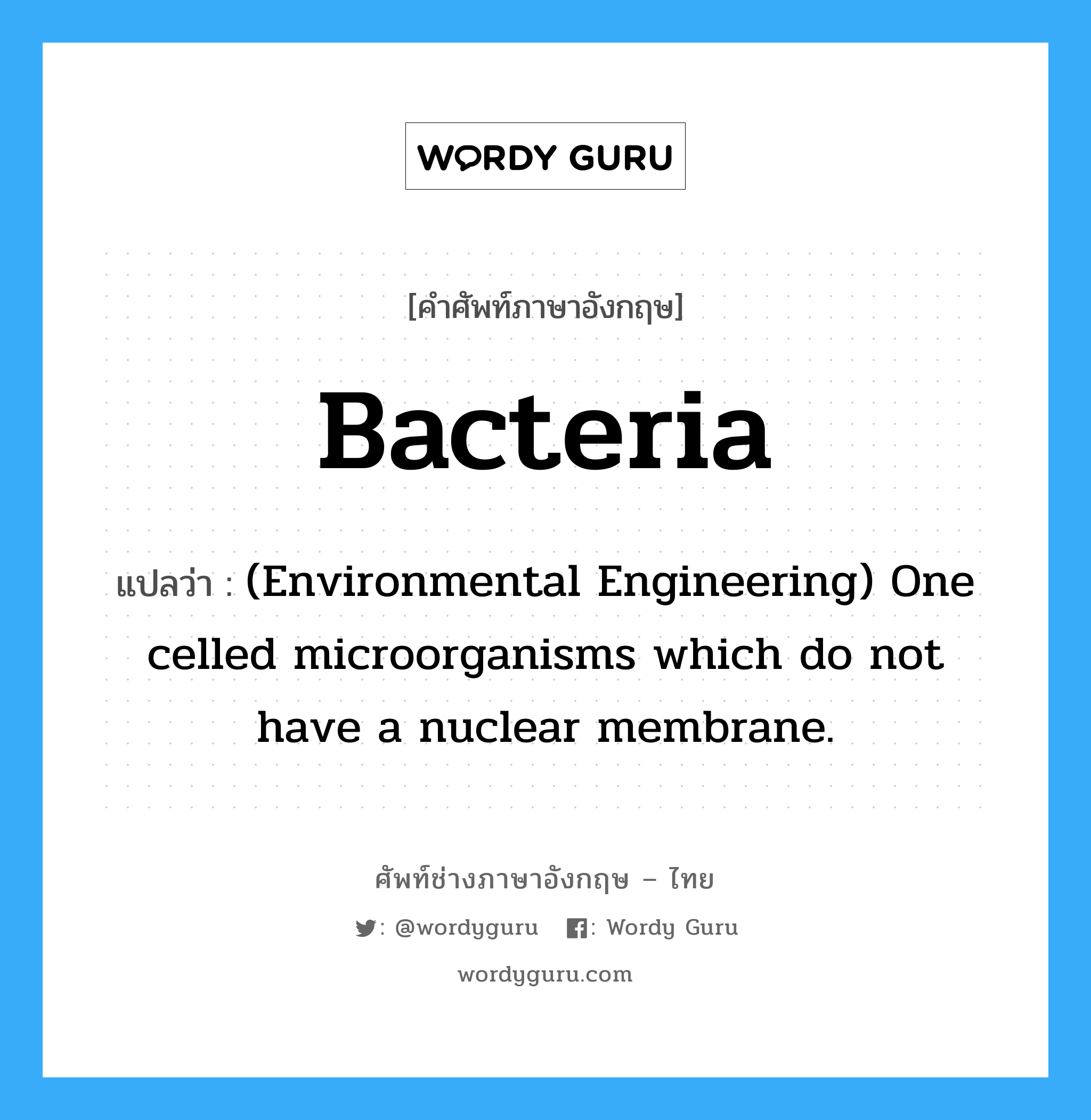 Bacteria แปลว่า?, คำศัพท์ช่างภาษาอังกฤษ - ไทย Bacteria คำศัพท์ภาษาอังกฤษ Bacteria แปลว่า (Environmental Engineering) One celled microorganisms which do not have a nuclear membrane.