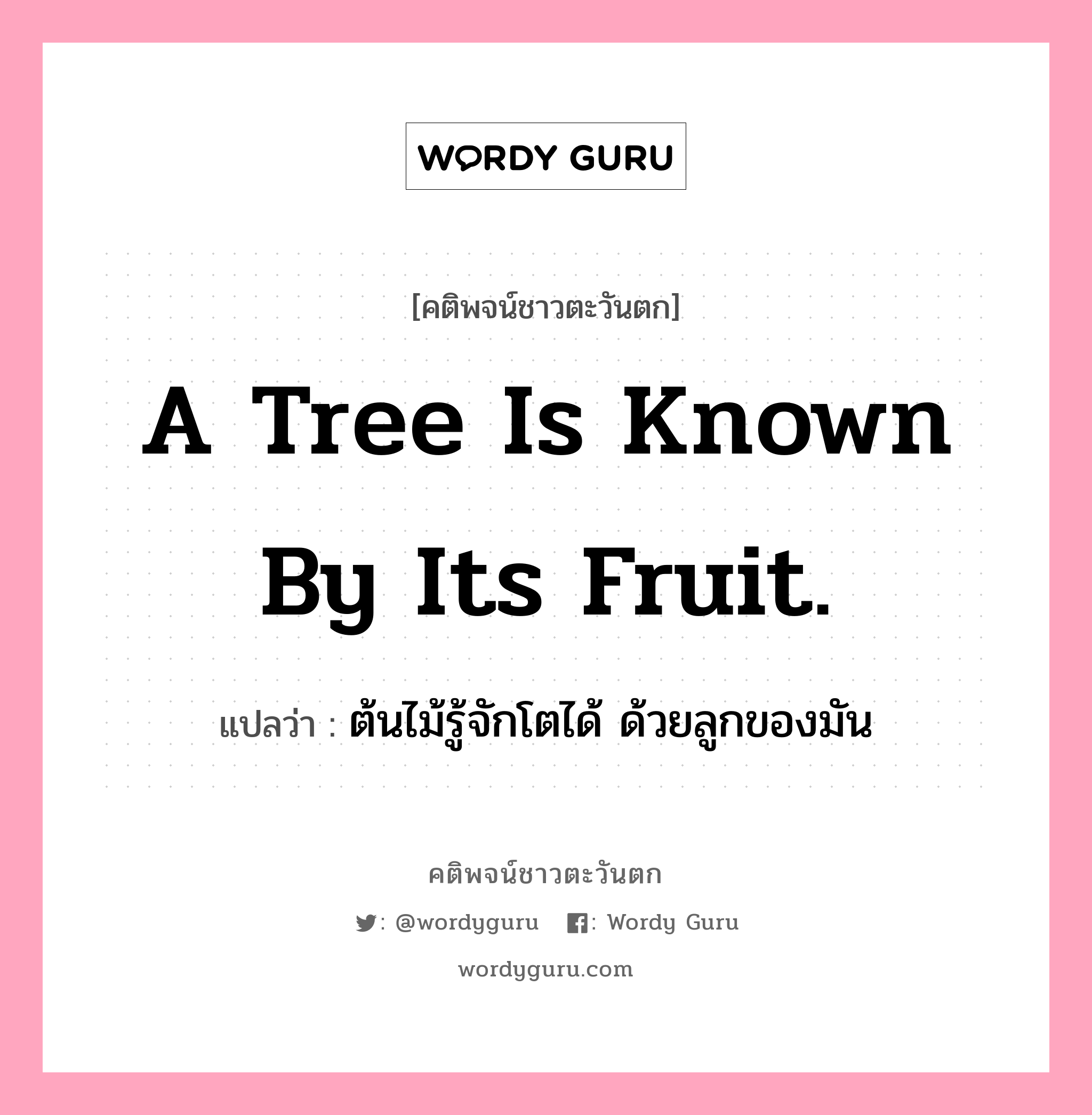 A tree is known by its fruit., คติพจน์ชาวตะวันตก A tree is known by its fruit. แปลว่า ต้นไม้รู้จักโตได้ ด้วยลูกของมัน