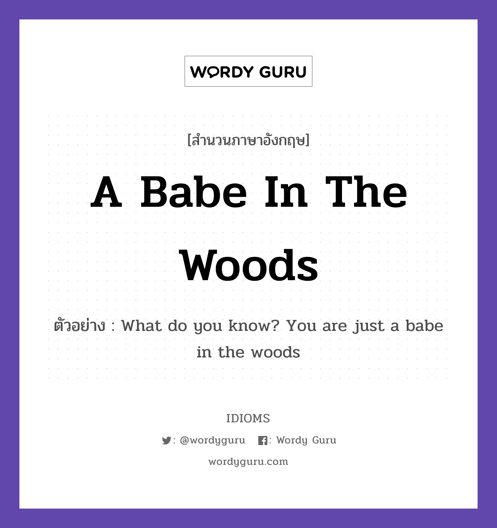 A Babe In The Woods แปลว่า?, สำนวนภาษาอังกฤษ A Babe In The Woods ตัวอย่าง What do you know? You are just a babe in the woods
