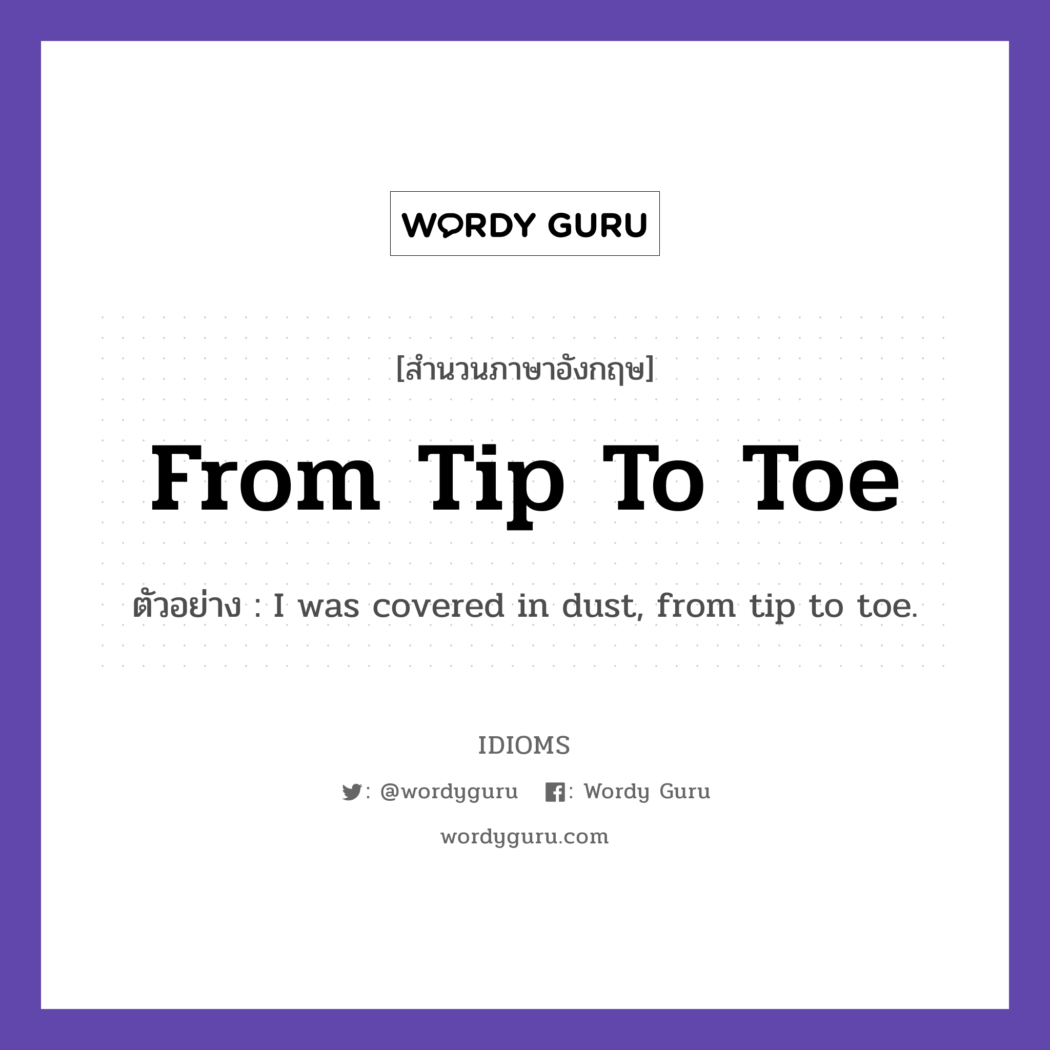 From Tip To Toe แปลว่า?, สำนวนภาษาอังกฤษ From Tip To Toe ตัวอย่าง I was covered in dust, from tip to toe.