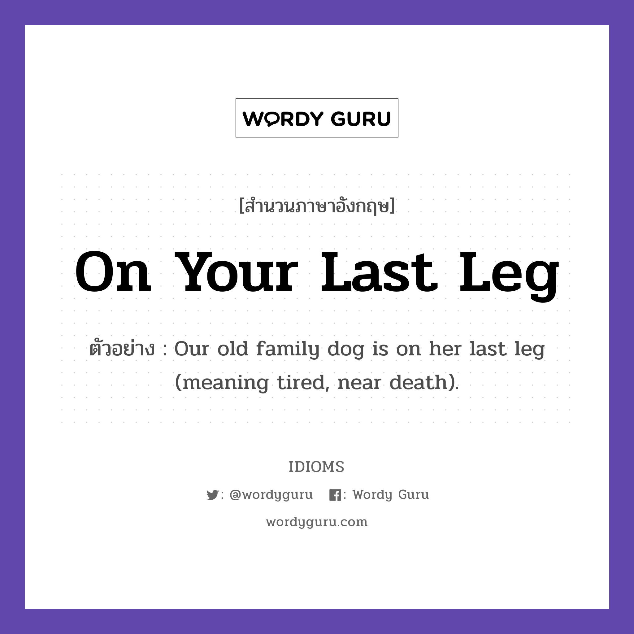 On Your Last Leg แปลว่า?, สำนวนภาษาอังกฤษ On Your Last Leg ตัวอย่าง Our old family dog is on her last leg (meaning tired, near death).