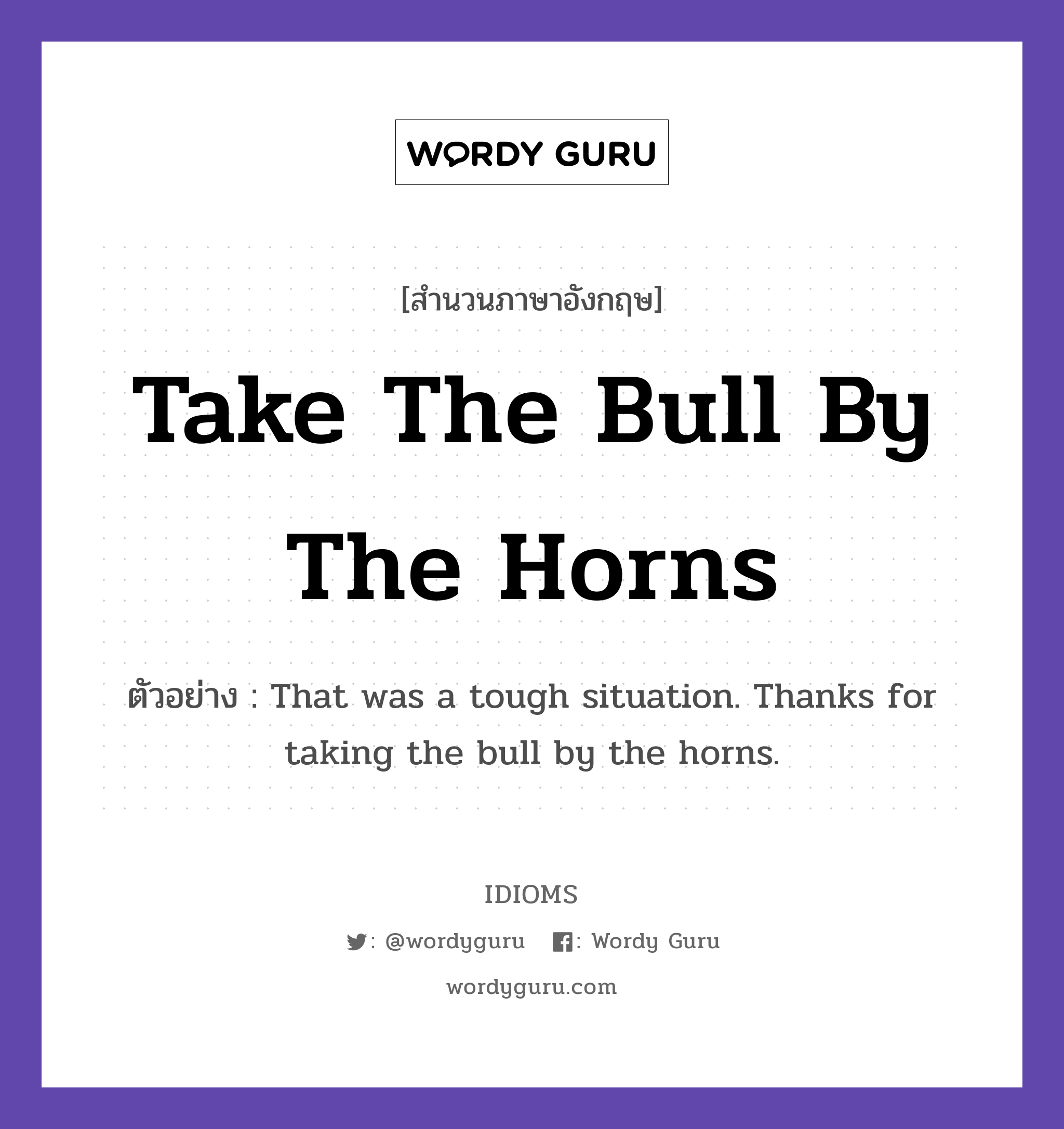 Take The Bull By The Horns แปลว่า?, สำนวนภาษาอังกฤษ Take The Bull By The Horns ตัวอย่าง That was a tough situation. Thanks for taking the bull by the horns.
